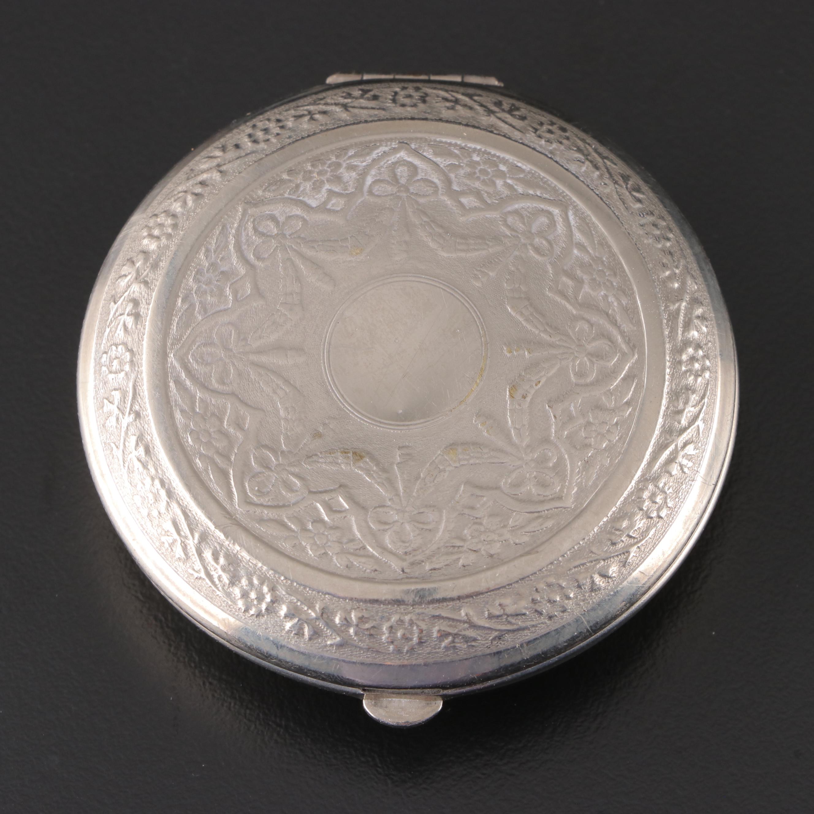 Richard Hudnut Three Flowers Silver Tone Metal Compact, Mid-20th Century