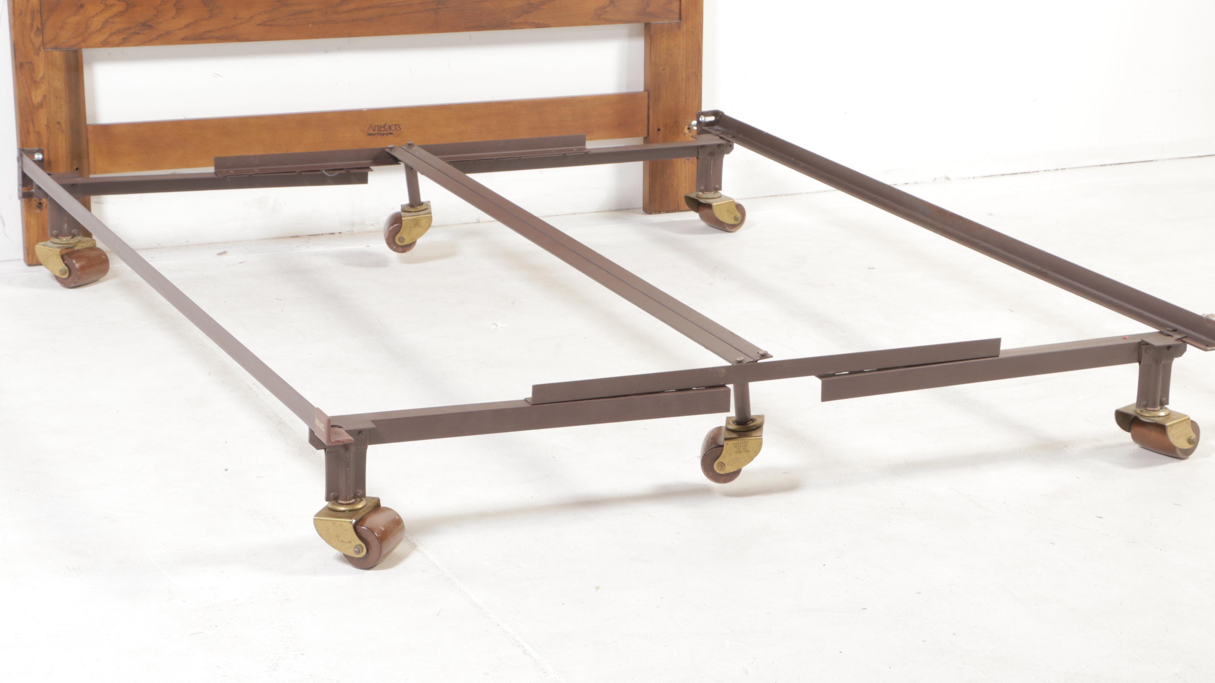 Henredon "Artefacts" Campaign Style Oak Queen Size Headboard and Metal Frame