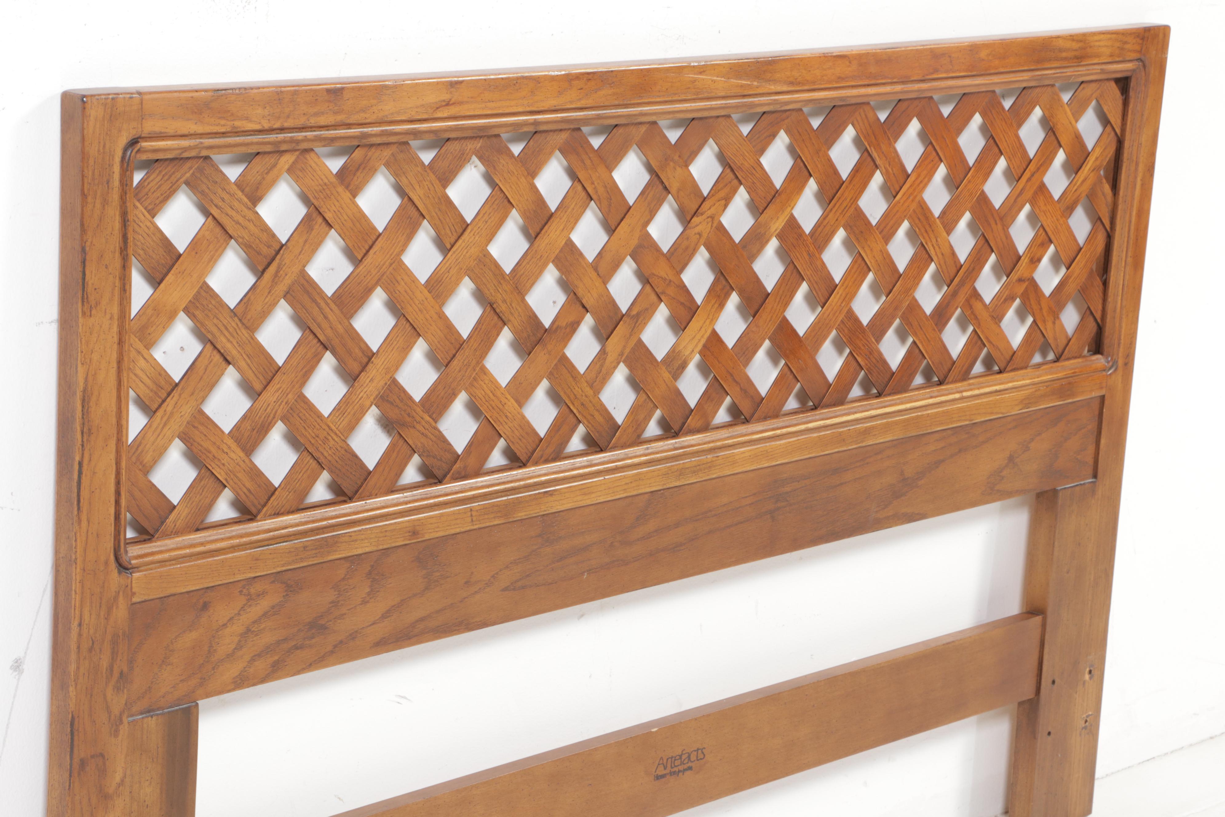 Henredon "Artefacts" Campaign Style Oak Queen Size Headboard and Metal Frame