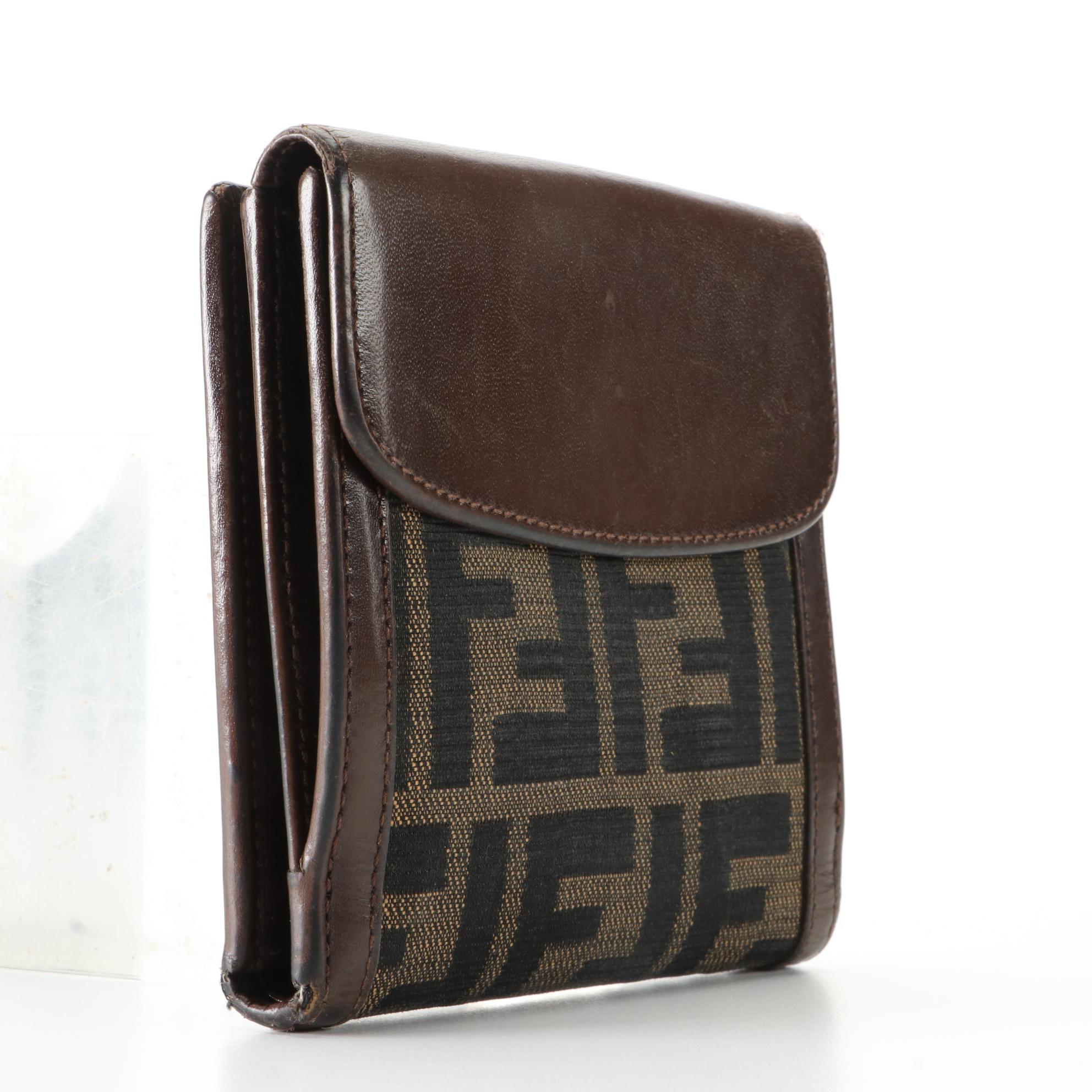 Fendi Flap Front Compact Wallet in Tobacco Zucca Canvas and Leather