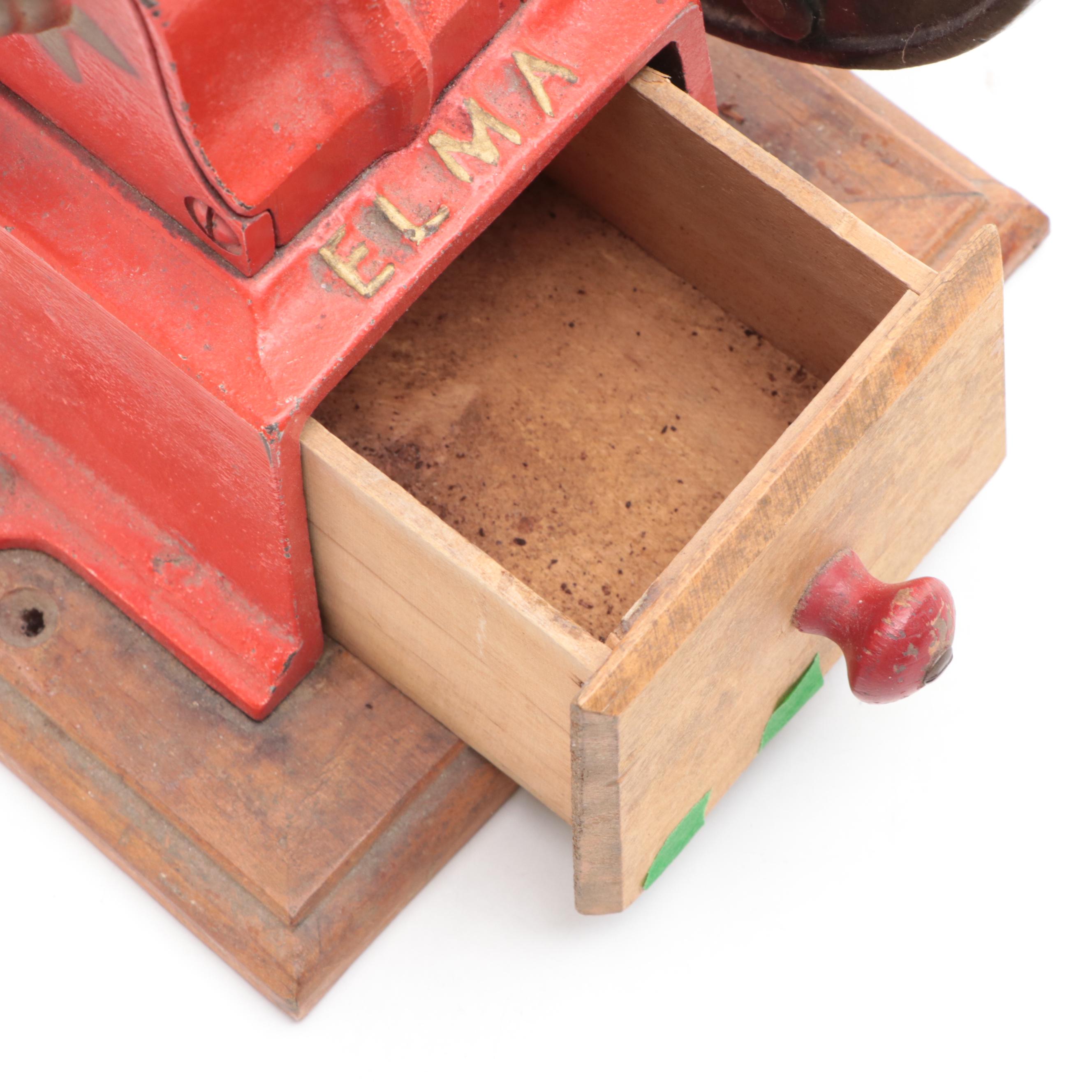 Elma Hand Crank Painted Cast Iron and Wood Coffee Grinder, Early to Mid-20th C