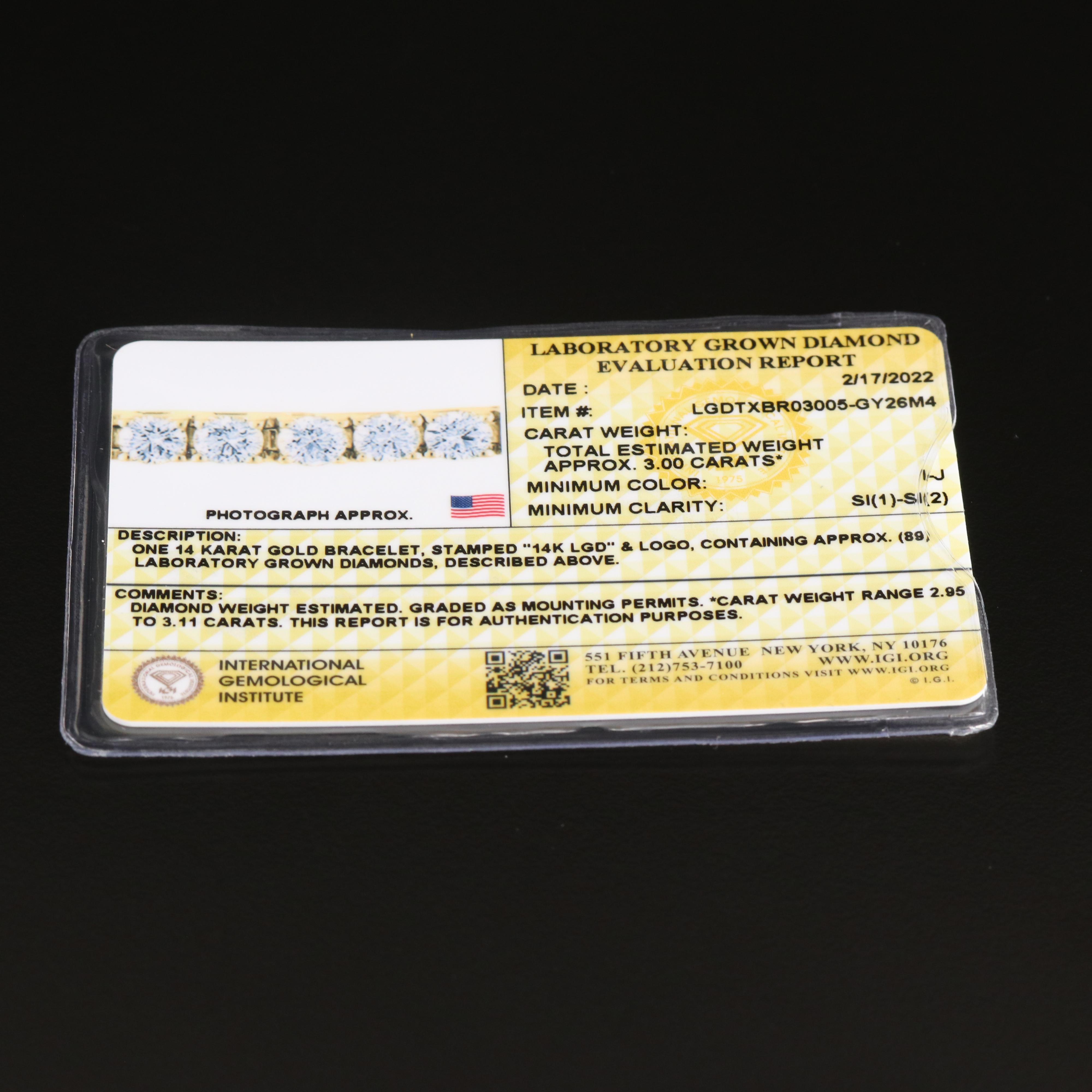 14K 3.00 CTW Lab Grown Diamond Line Bracelet with IGI Report