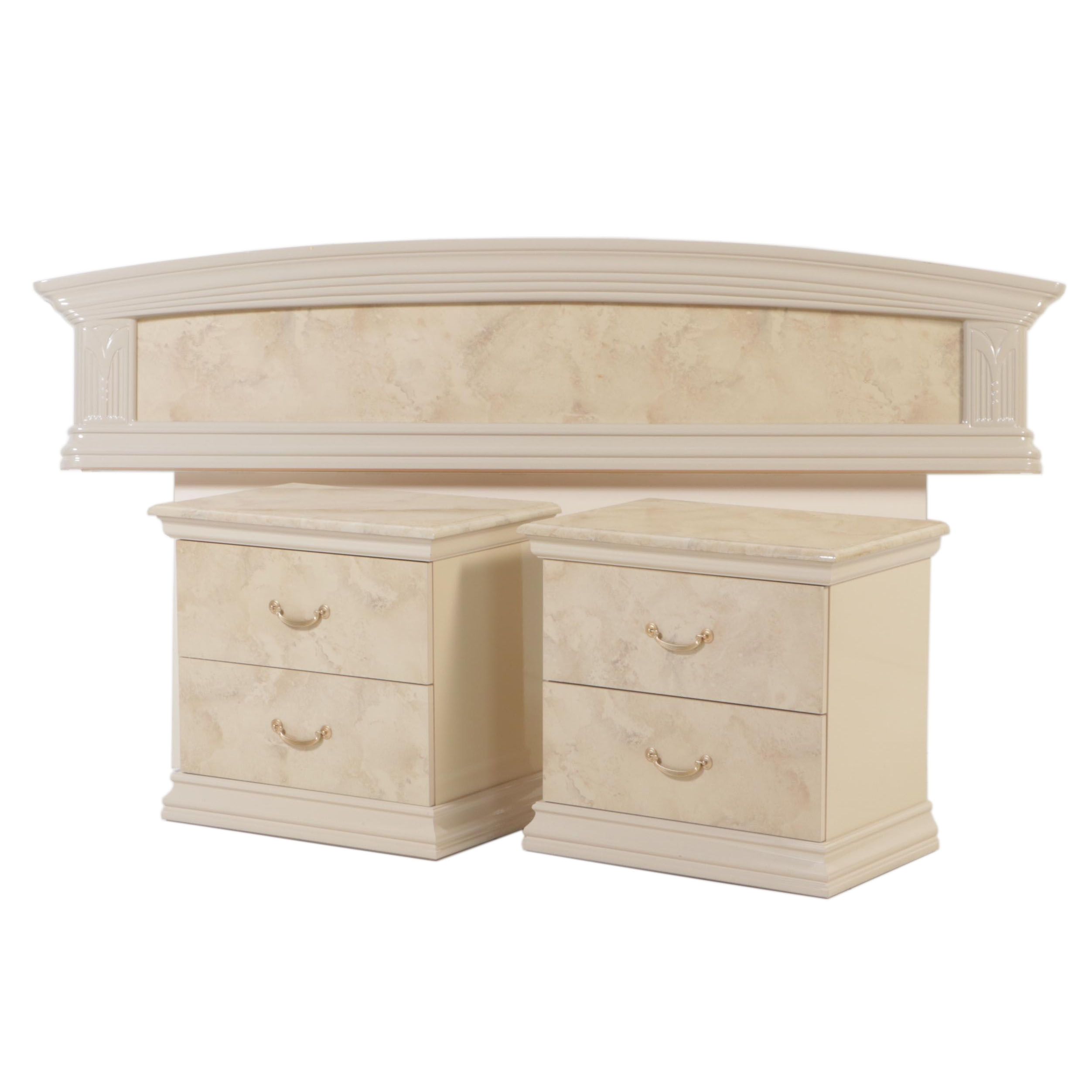 Two Italian Art Deco Style Marbleized Nightstands & Queen Headboard, c. 2000
