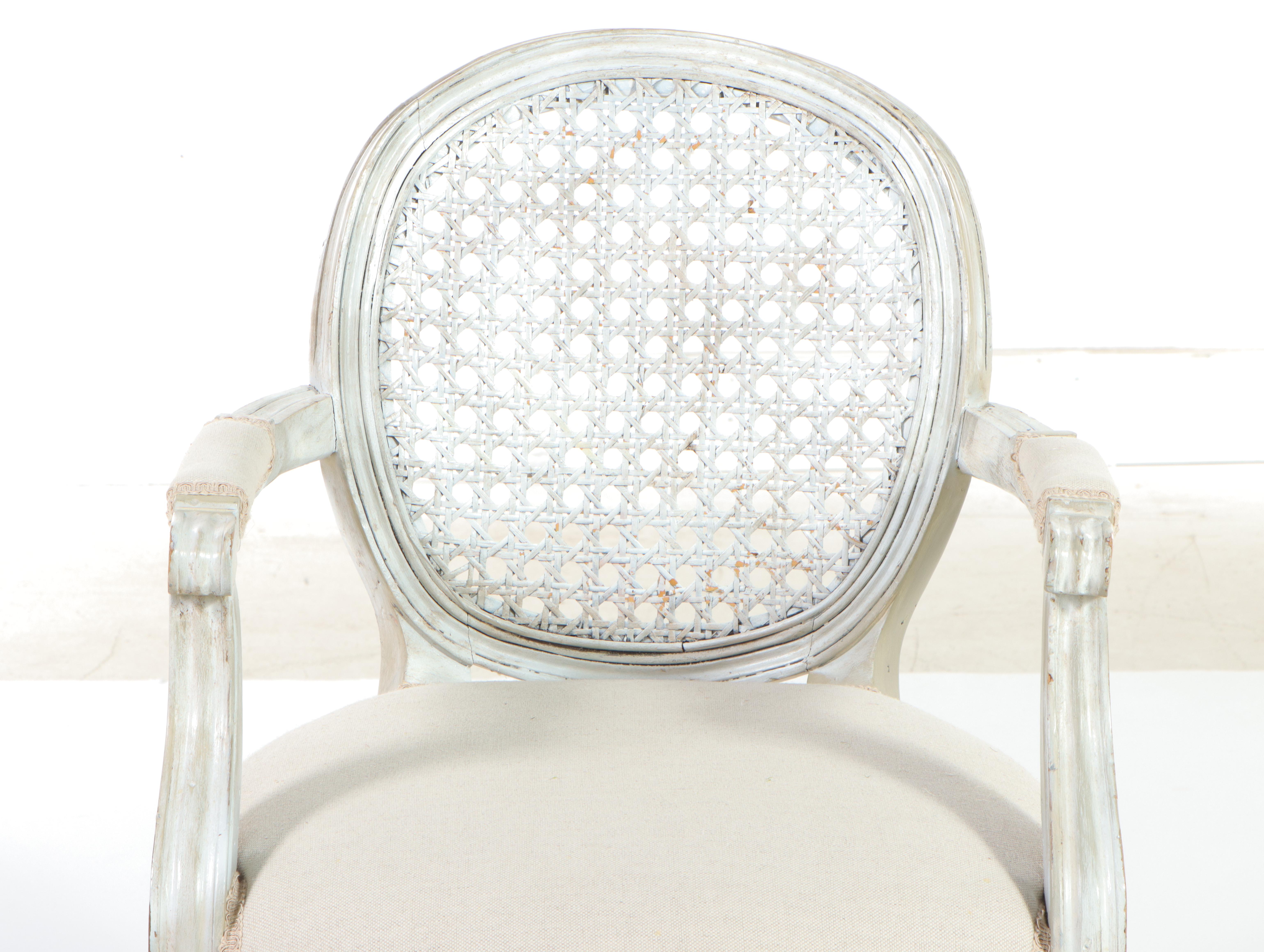 Pair of Gustavian Style White-Painted Wood and Caned Back Armchairs