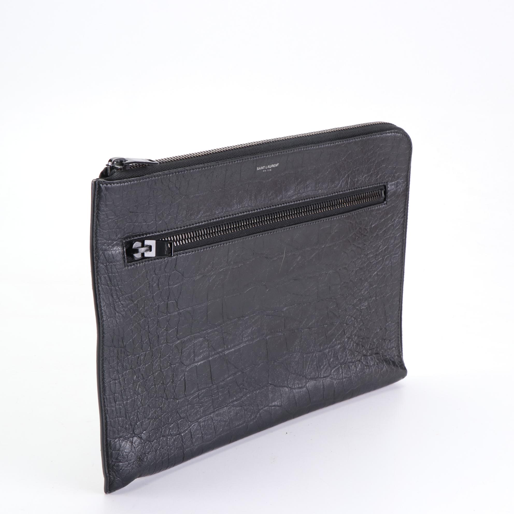 Saint Laurent Corner Zip Document Pouch in Embossed Leather