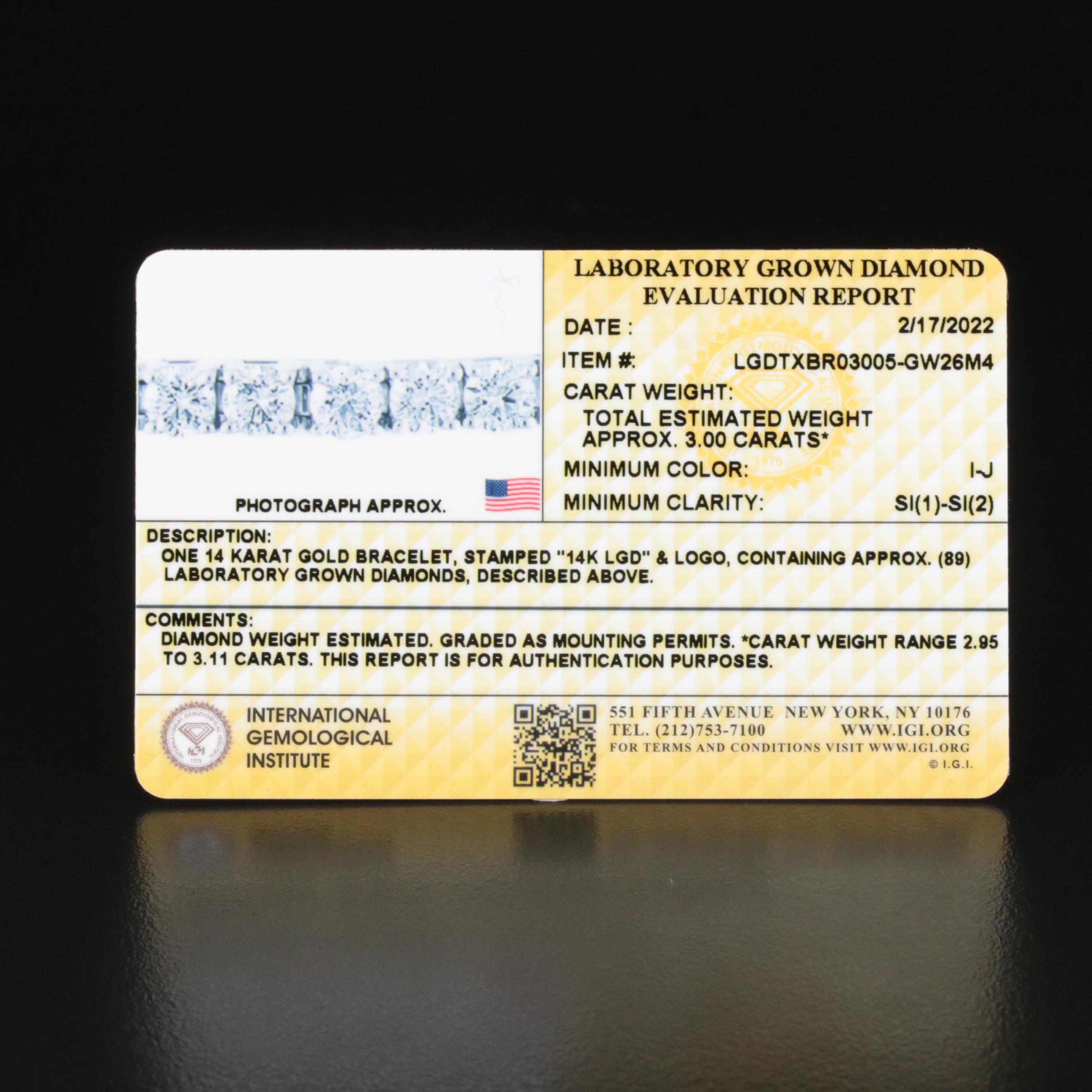 14K 3.00 CTW Lab Grown Diamond Bracelet with IGI Report