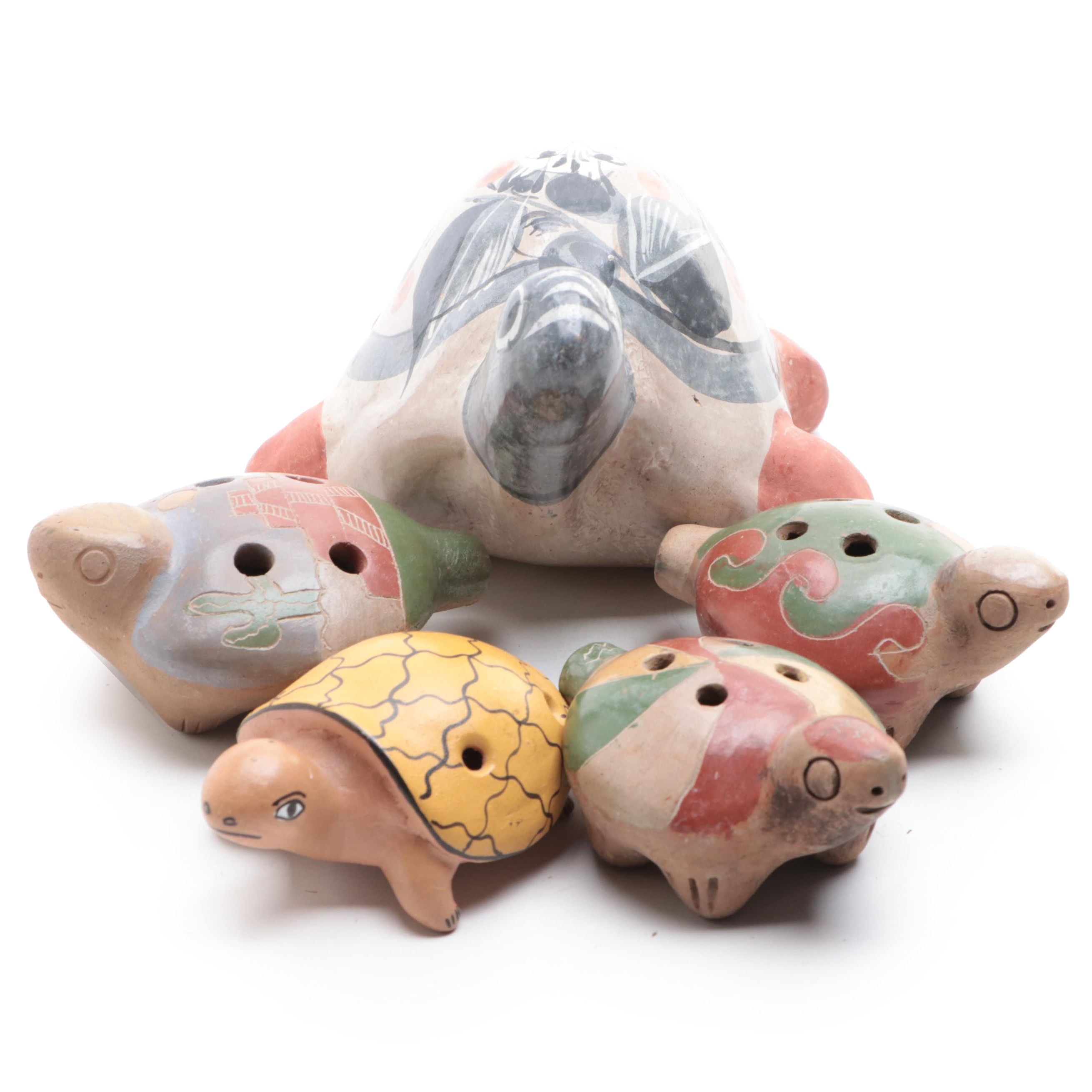 Mexican Tonala Figurine with Other Folk Art Pottery Turtle Flutes