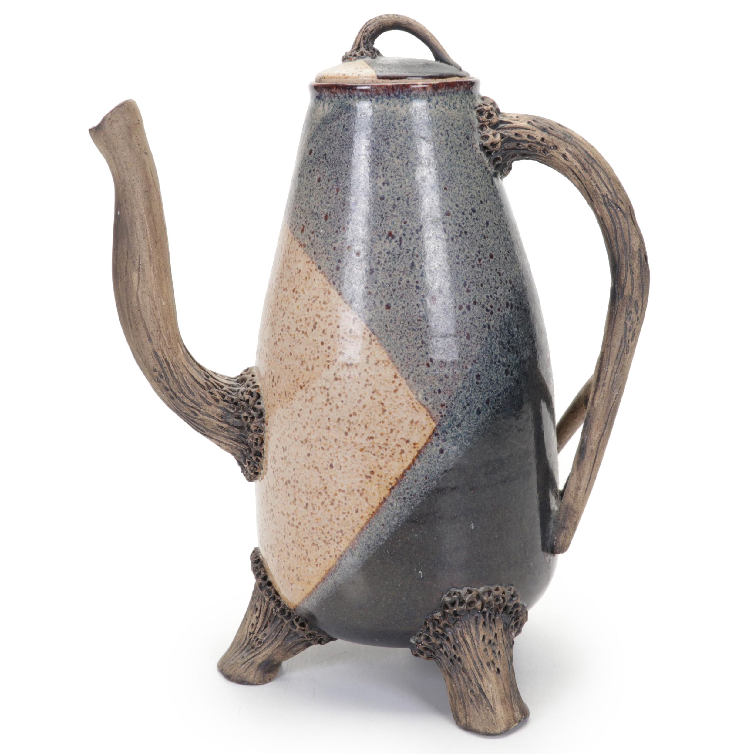 Studio Pottery Ceramic Tripod Coffee Pot with Vine Motif