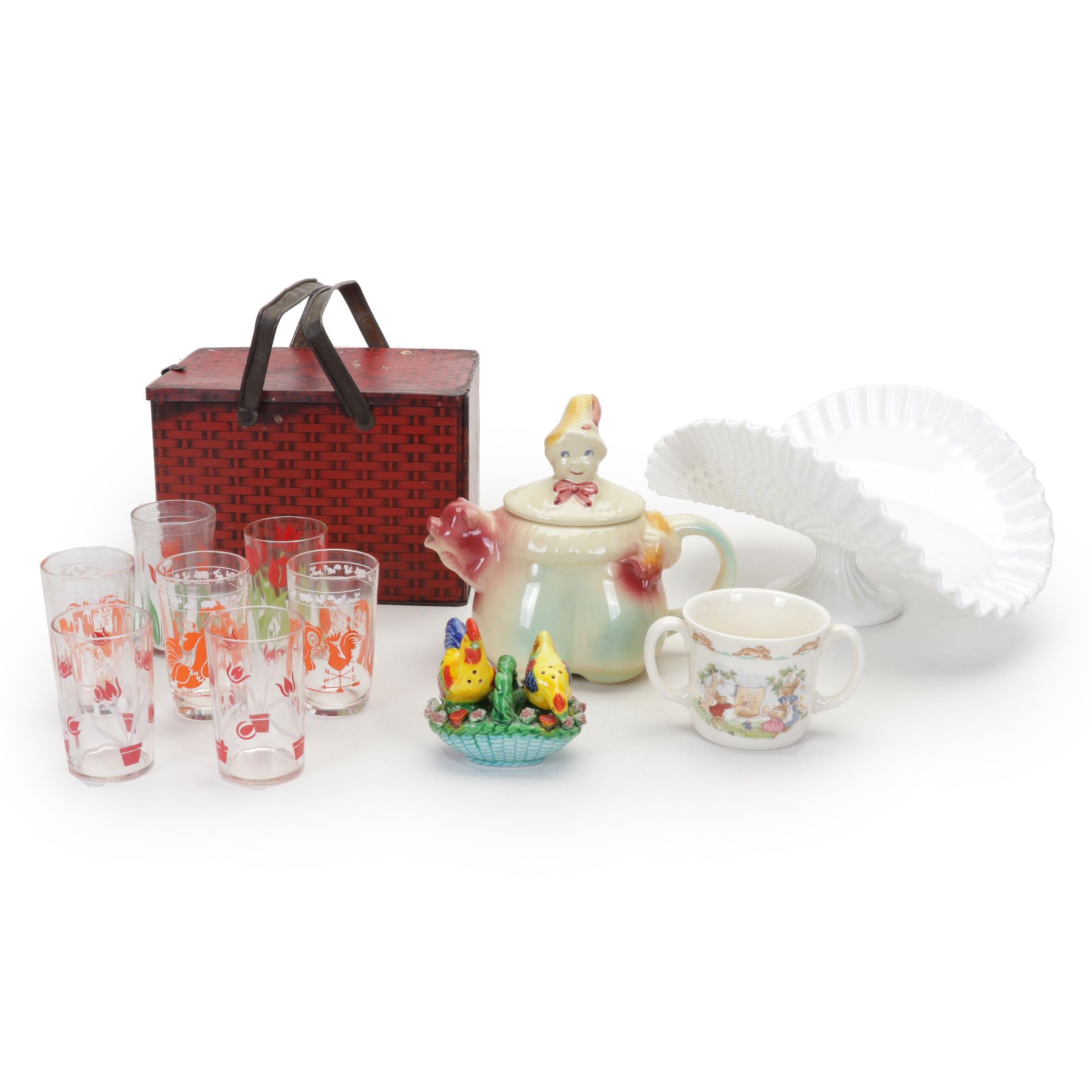 Fenton Hobnail Milk Glass Banana Bowl with Tin Litho Tobacco Box and Other Décor