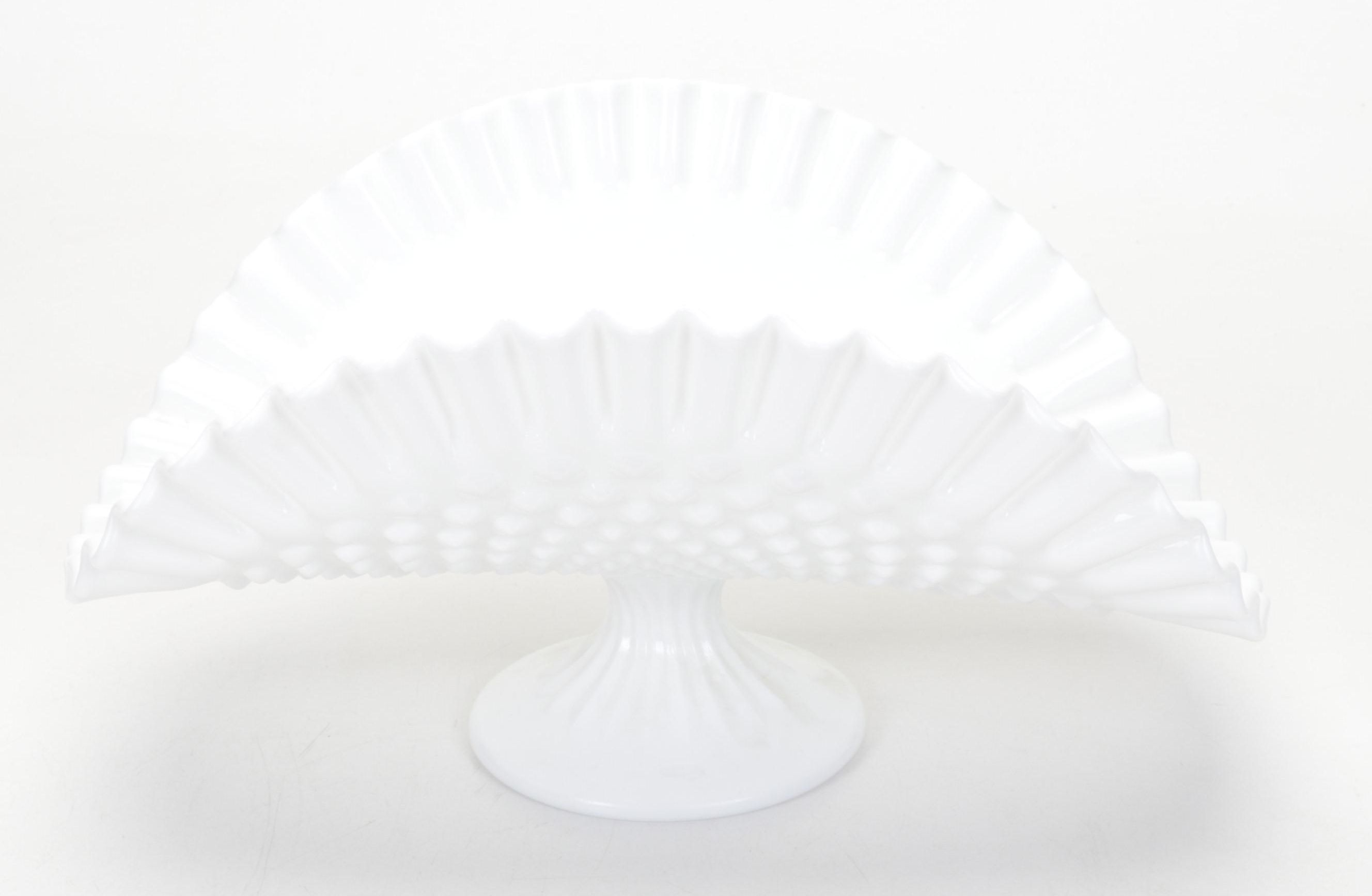 Fenton Hobnail Milk Glass Banana Bowl with Tin Litho Tobacco Box and Other Décor