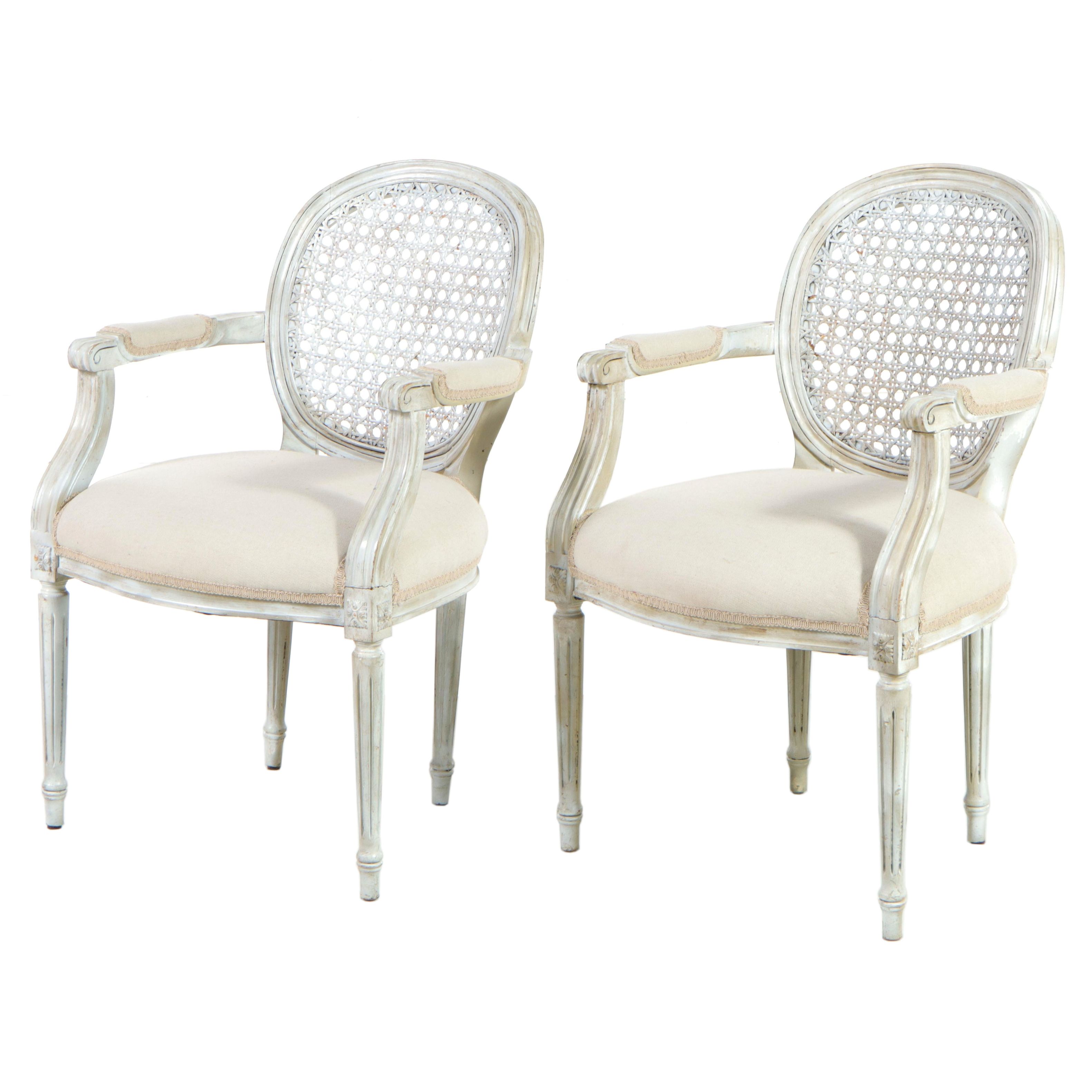 Pair of Gustavian Style White-Painted Wood and Caned Back Armchairs