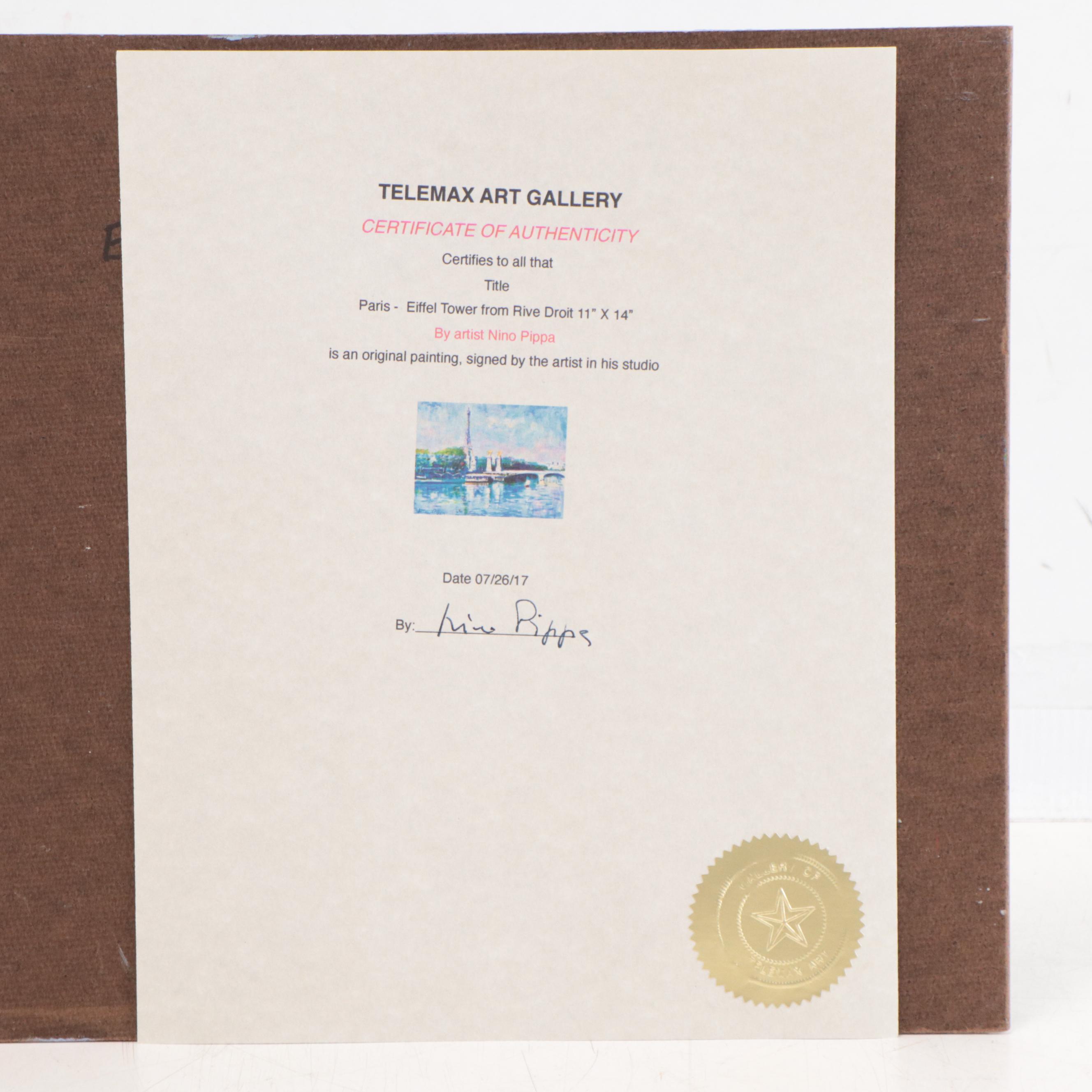 Nino Pippa Oil Painting "Paris - Eiffel Tower from Rive Droit, 2017