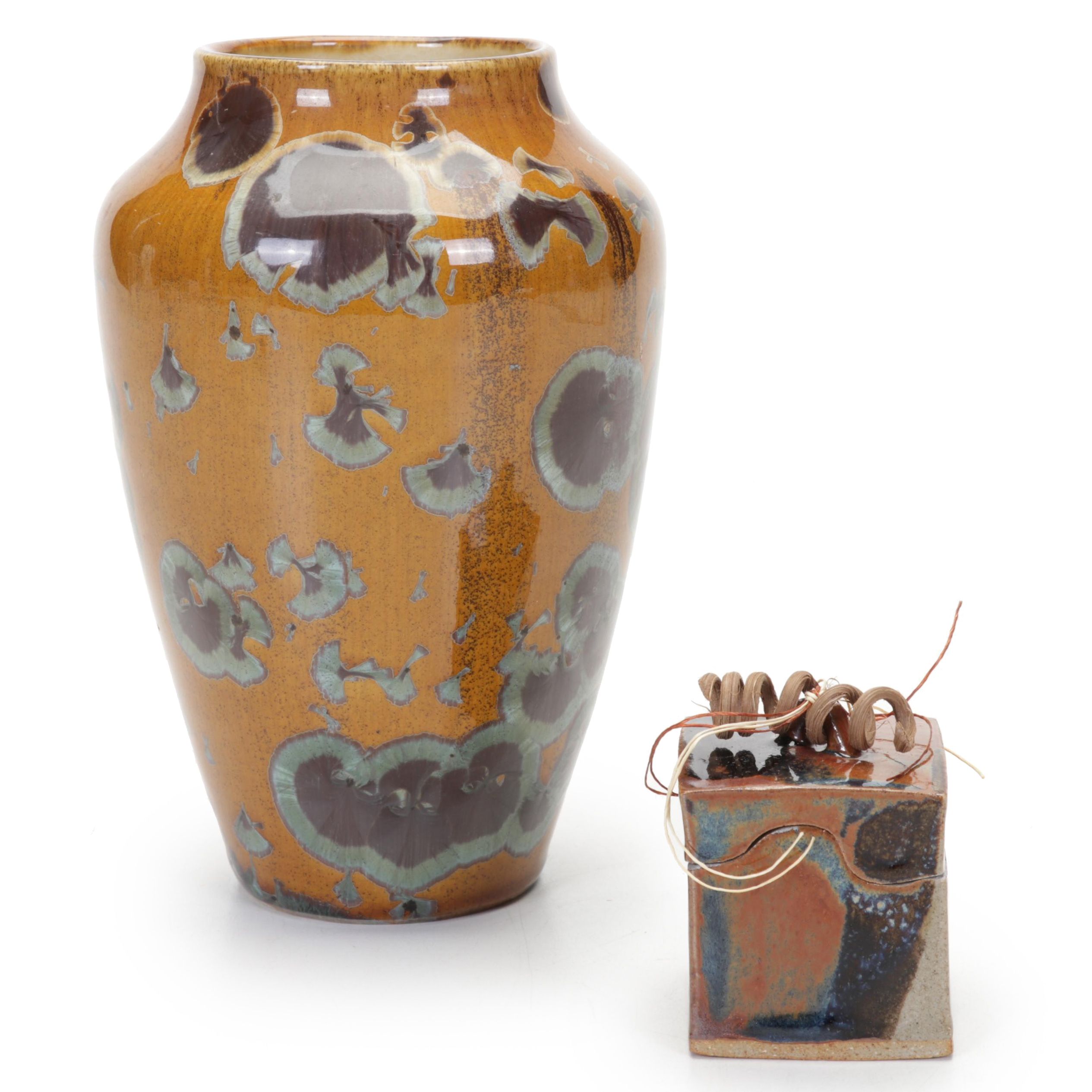 Jerry Davis Crystalline Glaze Porcelain Vase with Evelyn LaMers Stoneware Box