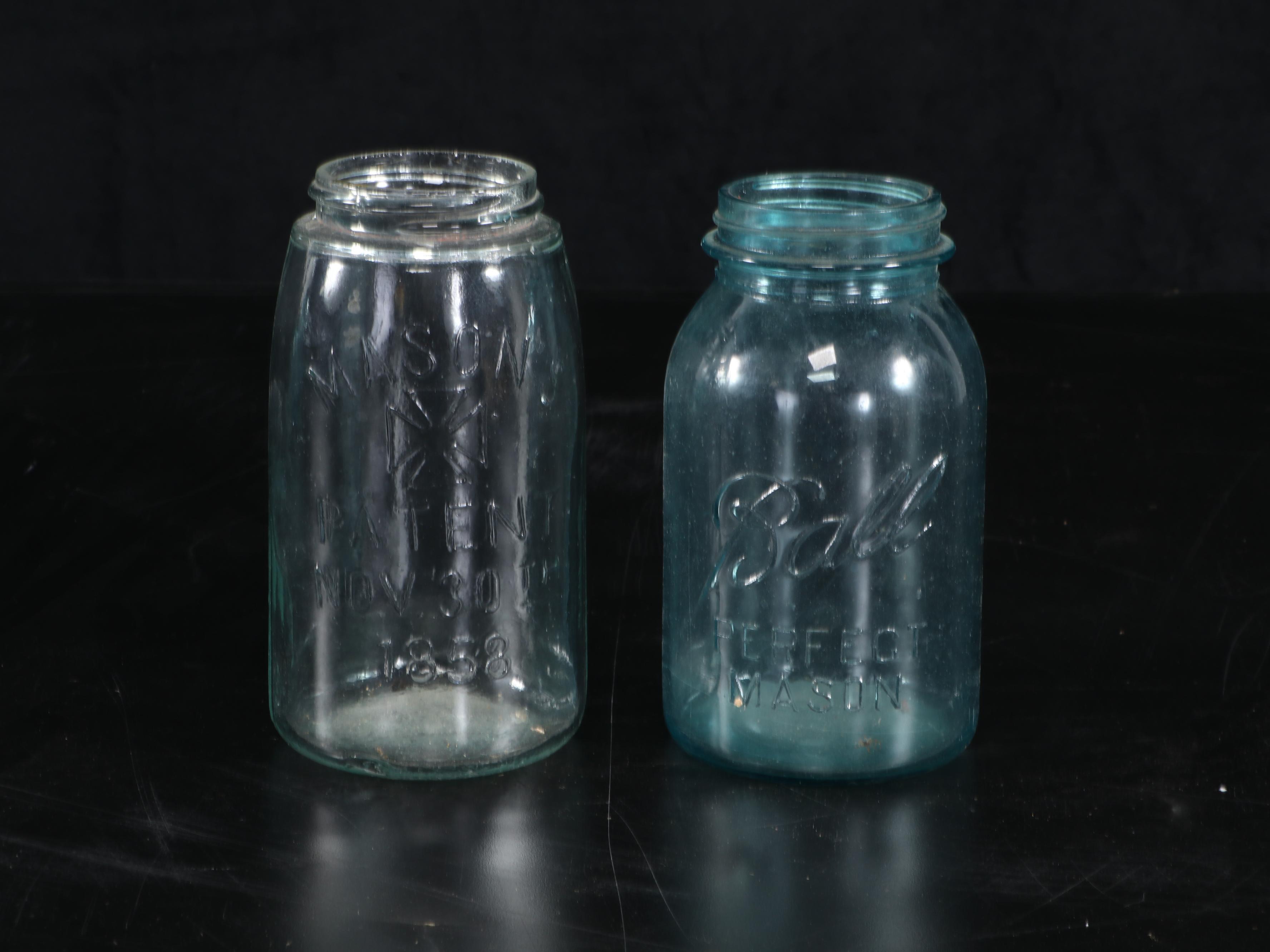 Ball Blue Glass with Other Canning Jars and Water Jug, Early to Mid-20th Century