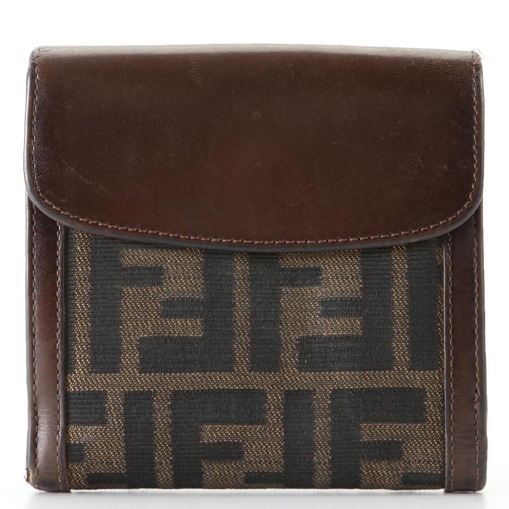 Fendi Flap Front Compact Wallet in Tobacco Zucca Canvas and Leather