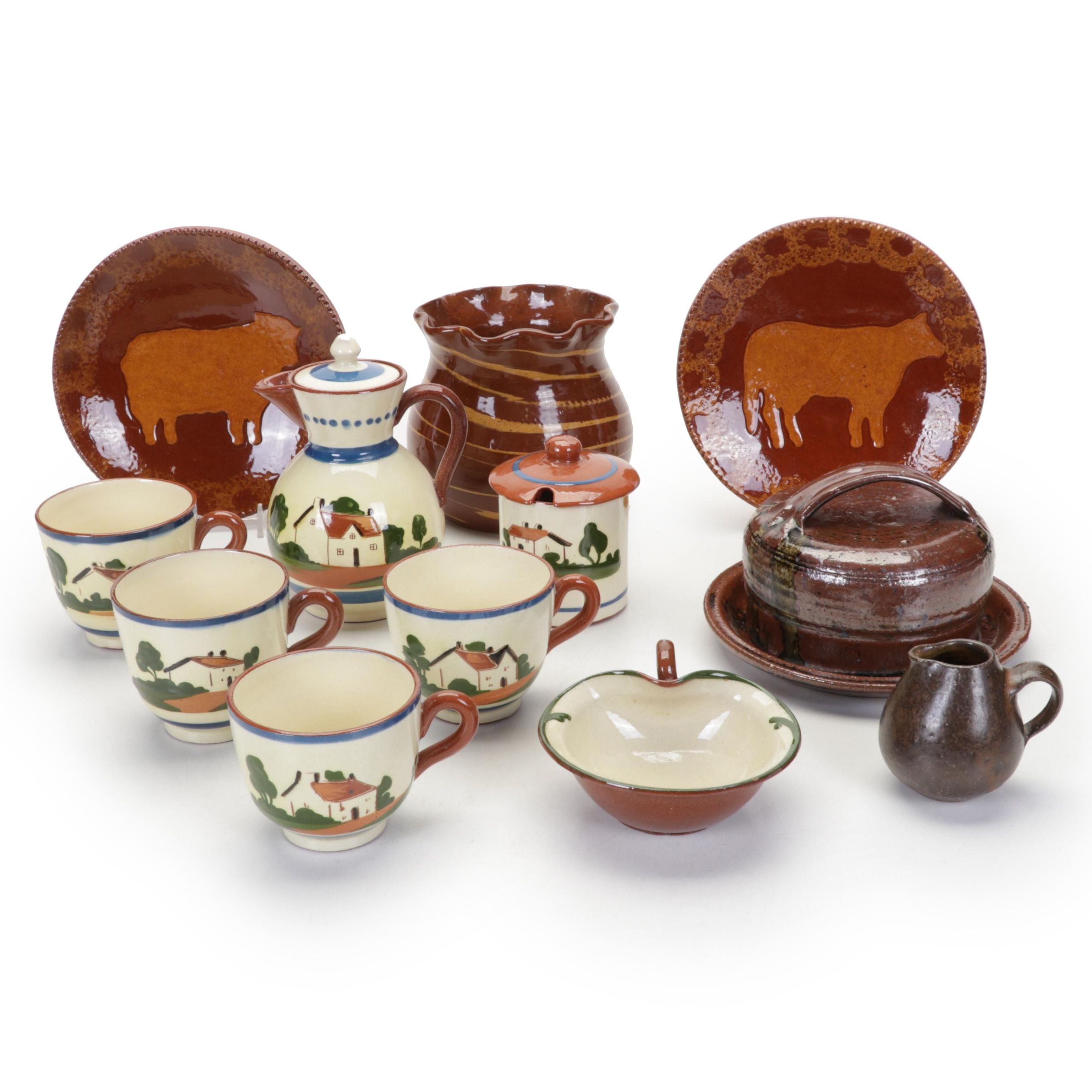 Torquay Pottery Mottoware Dishes With Betty Talbott Butter Dish and Redware