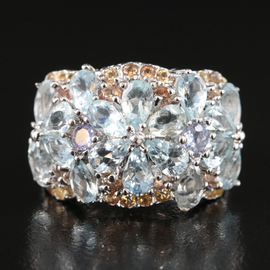 Sterling Aquamarine, Tanzanite and Sapphire Floral Cluster Ring