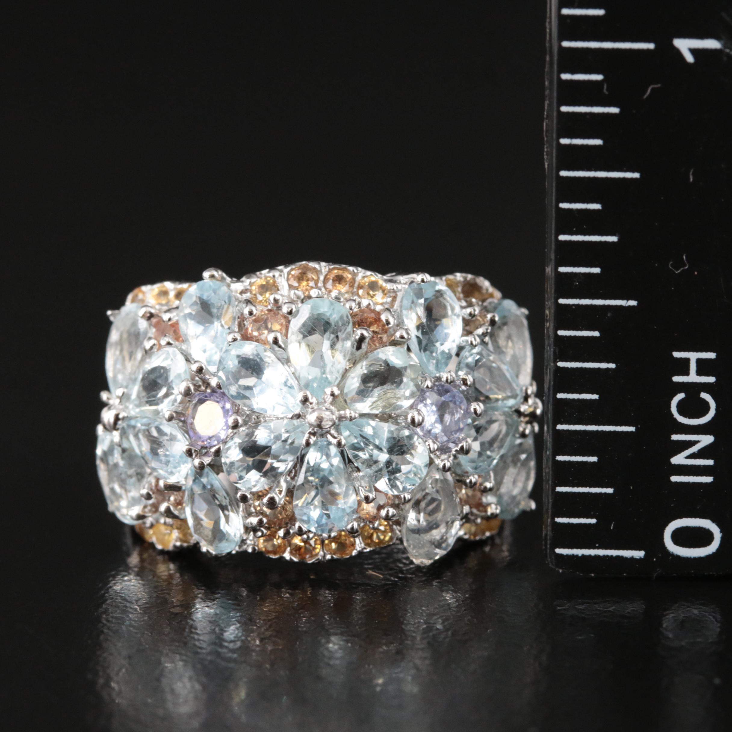 Sterling Aquamarine, Tanzanite and Sapphire Floral Cluster Ring