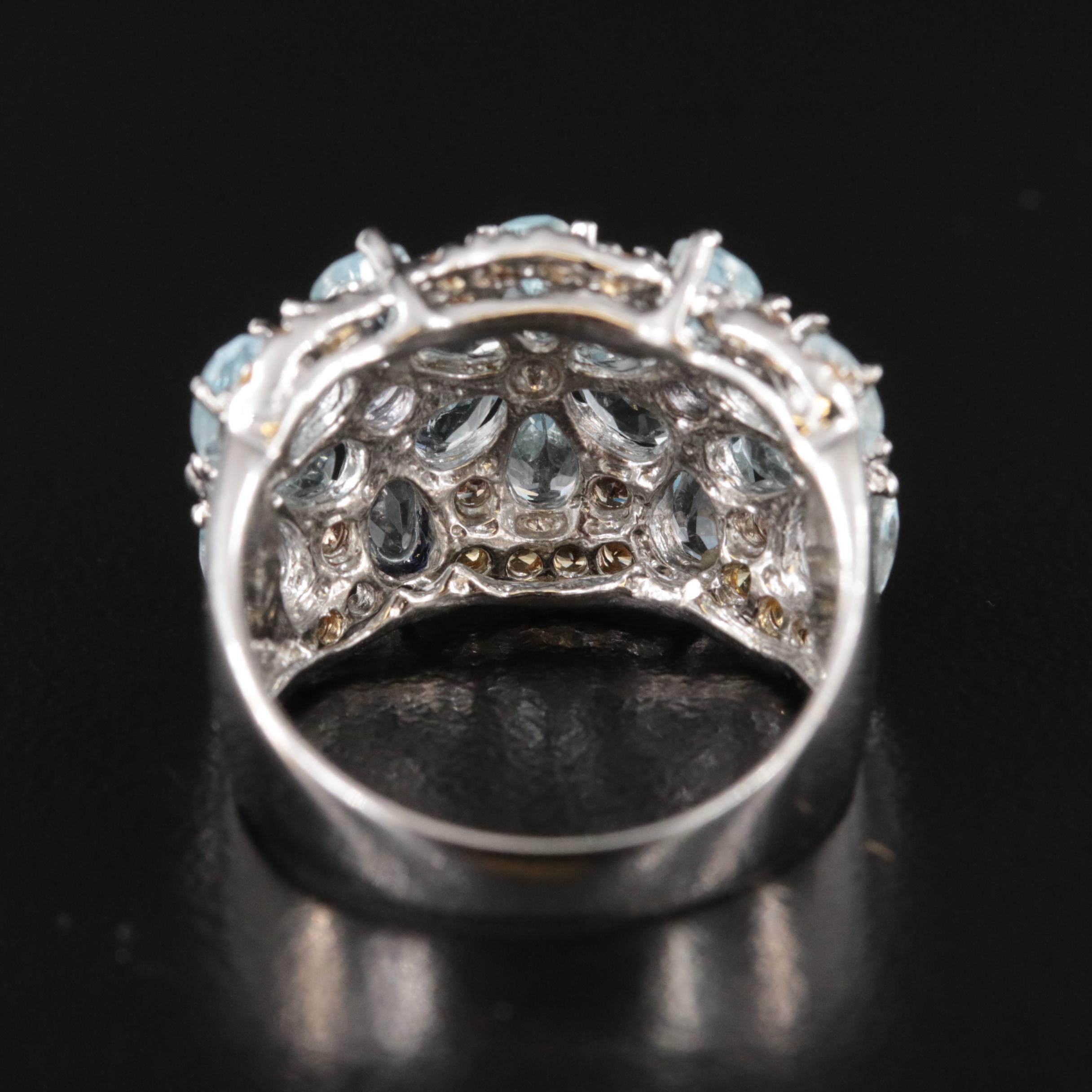 Sterling Aquamarine, Tanzanite and Sapphire Floral Cluster Ring