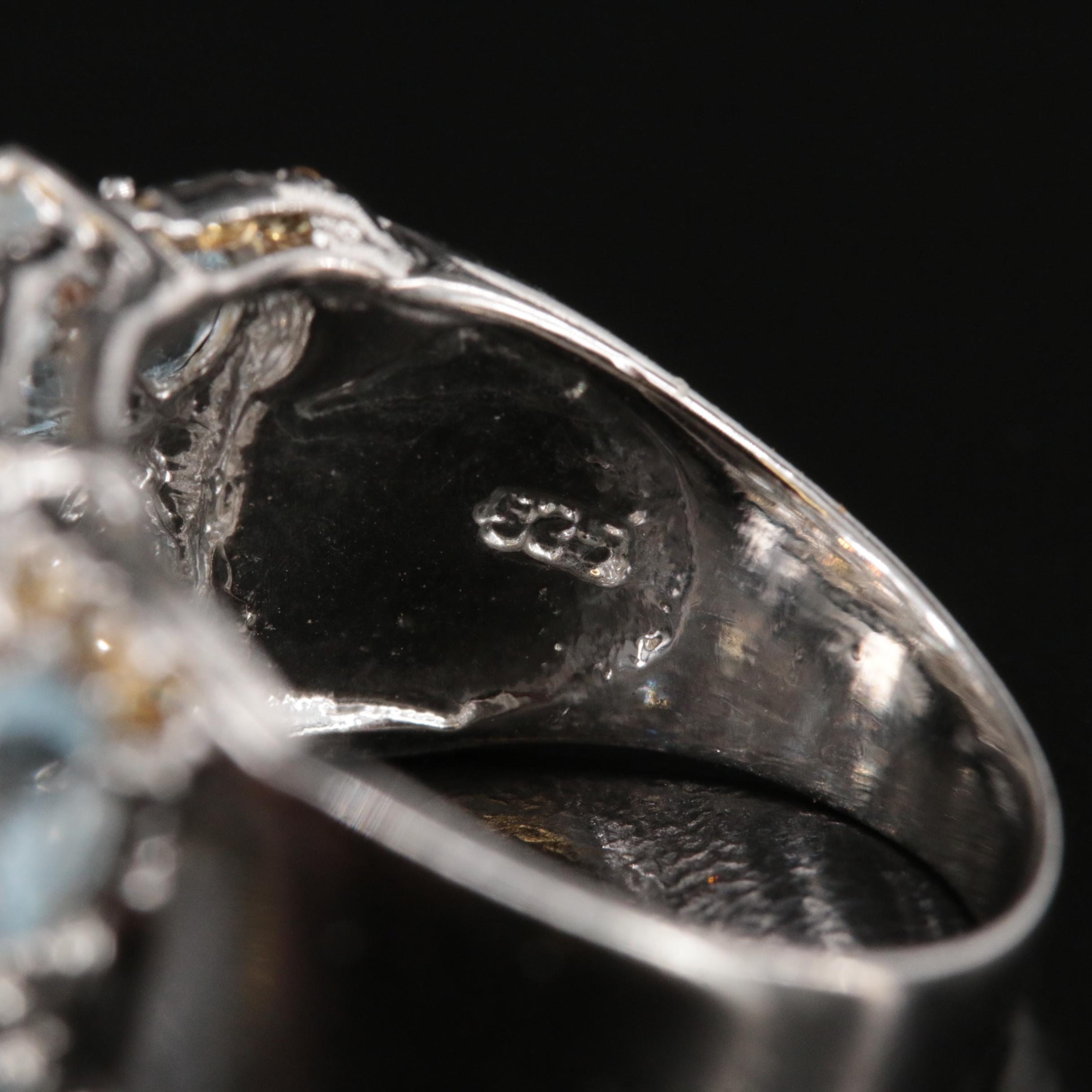 Sterling Aquamarine, Tanzanite and Sapphire Floral Cluster Ring