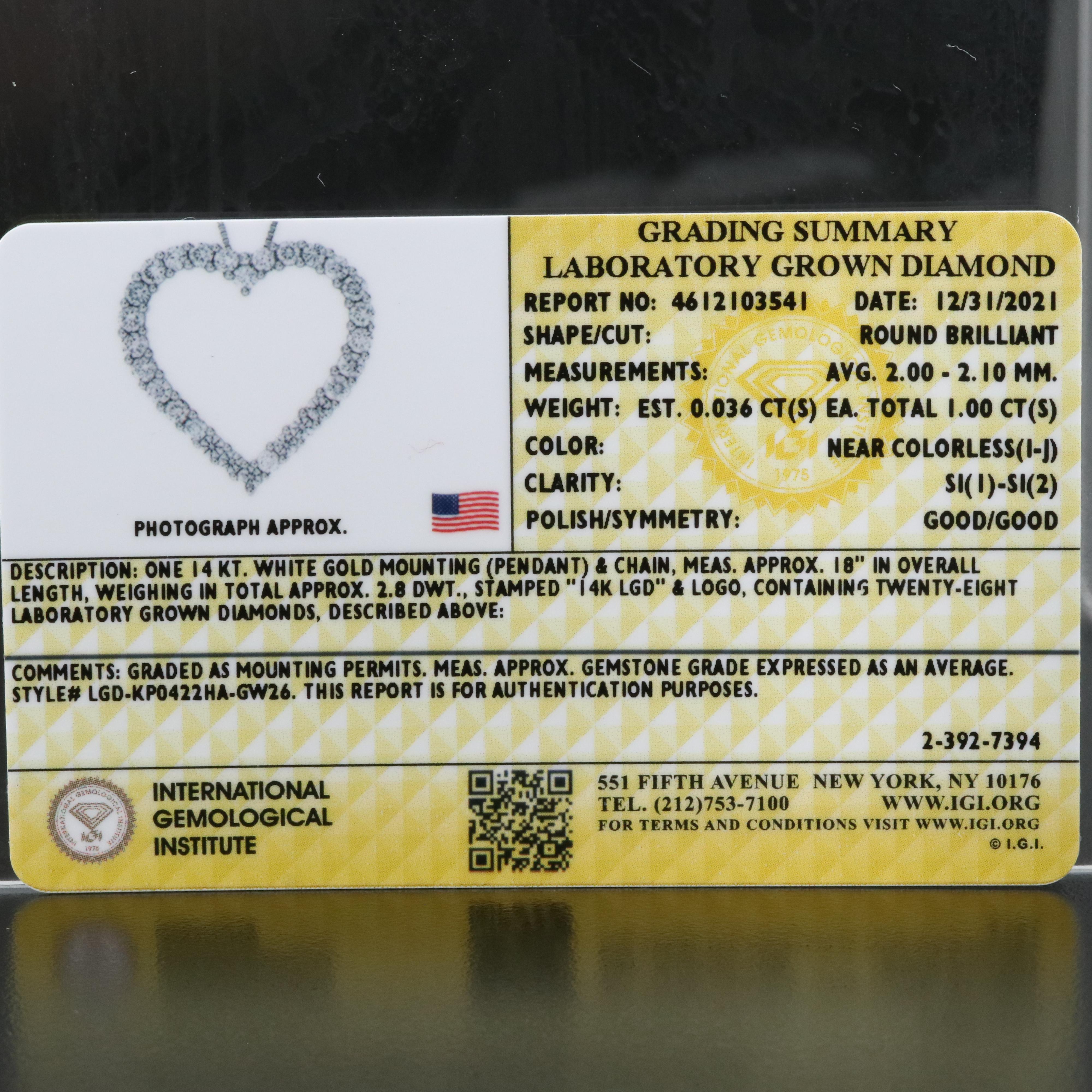 14K 1.00 CTW Lab Grown Diamond Heart Necklace with IGI Online Report