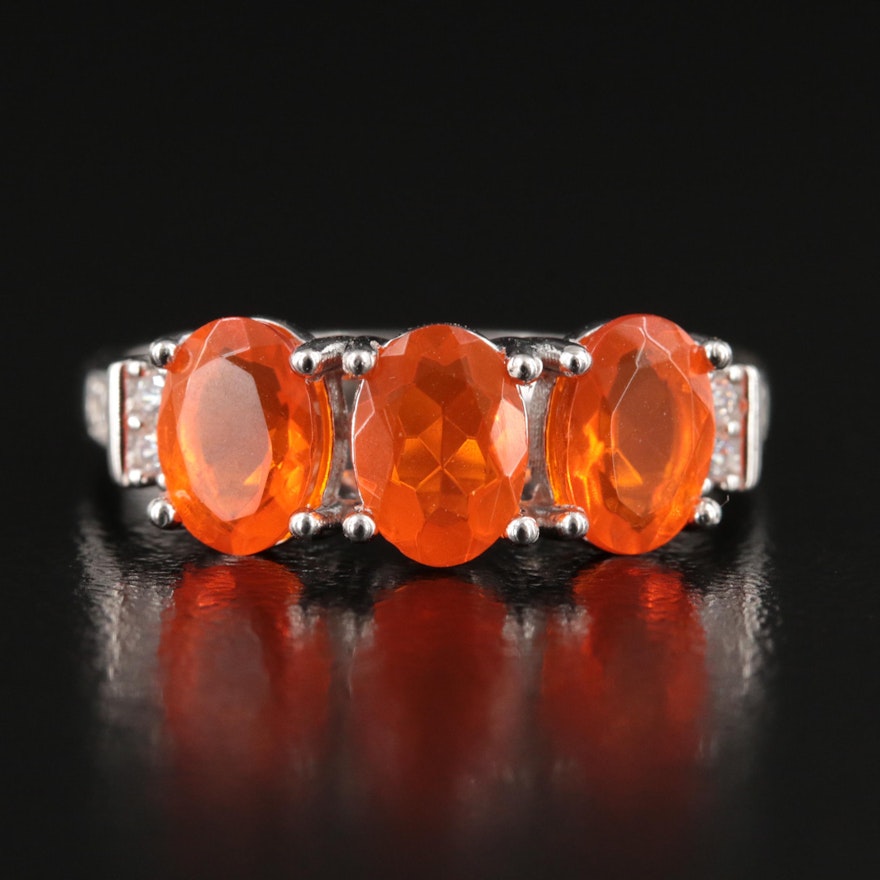 Sterling Fire Opal and Cubic Zirconia Ring