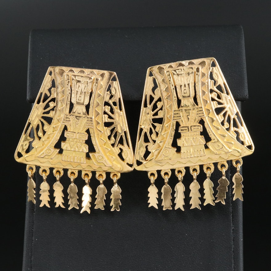 Mesoamerican 18K Inca Inti Sun God Trapezoid Earrings