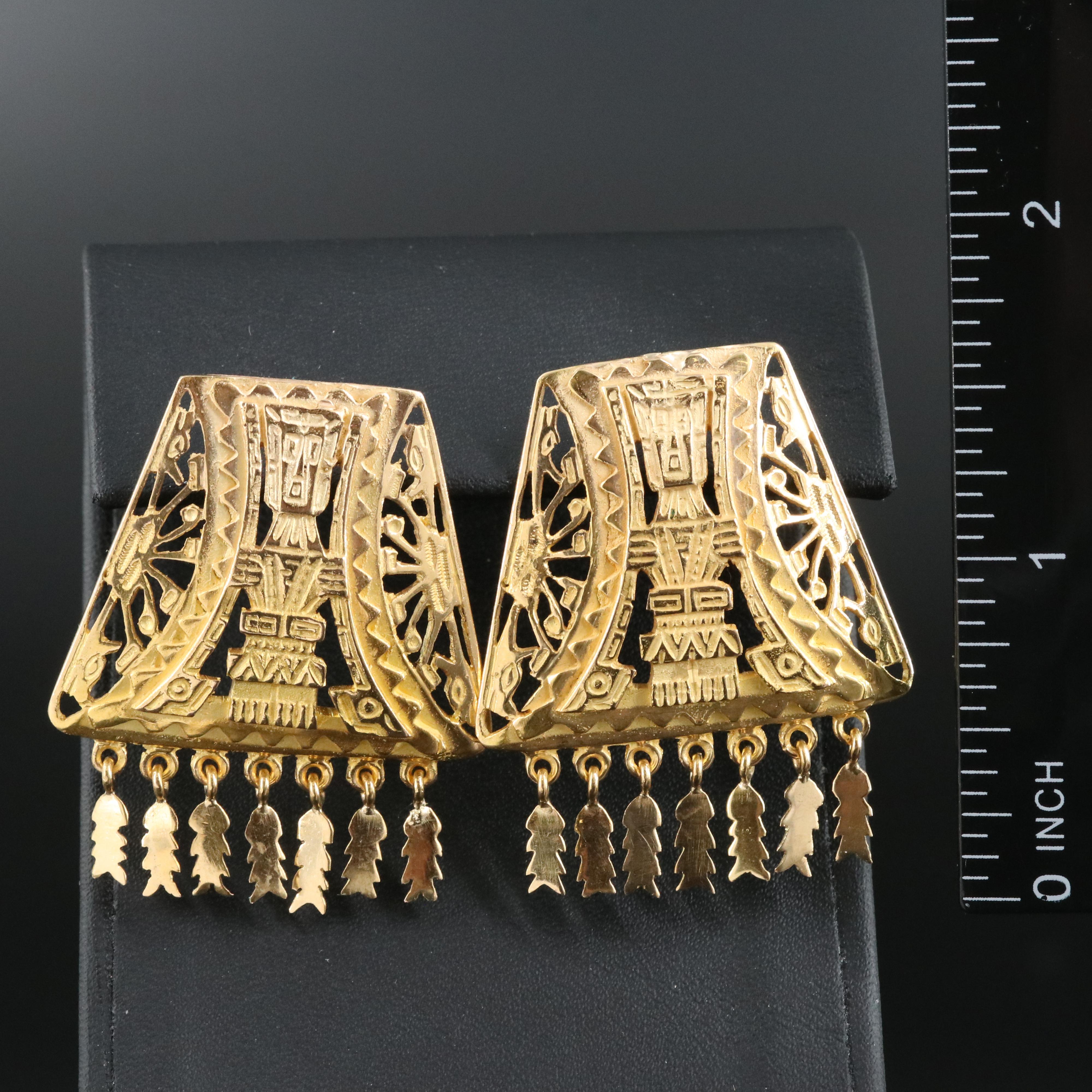Mesoamerican 18K Inca Inti Sun God Trapezoid Earrings