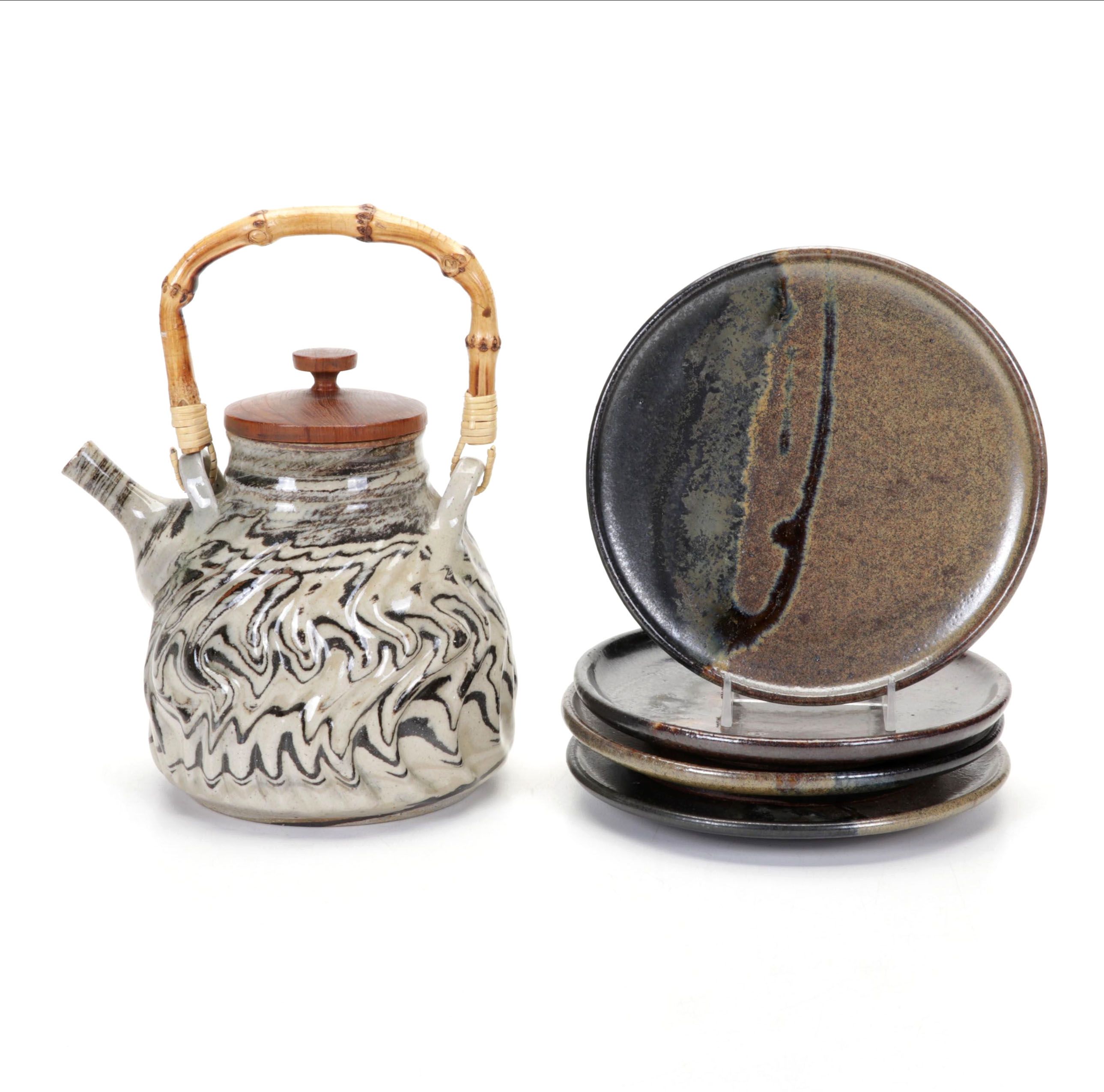 Ban Kajitani Glazed Ceramic Teapot With Studio Pottery Saucers