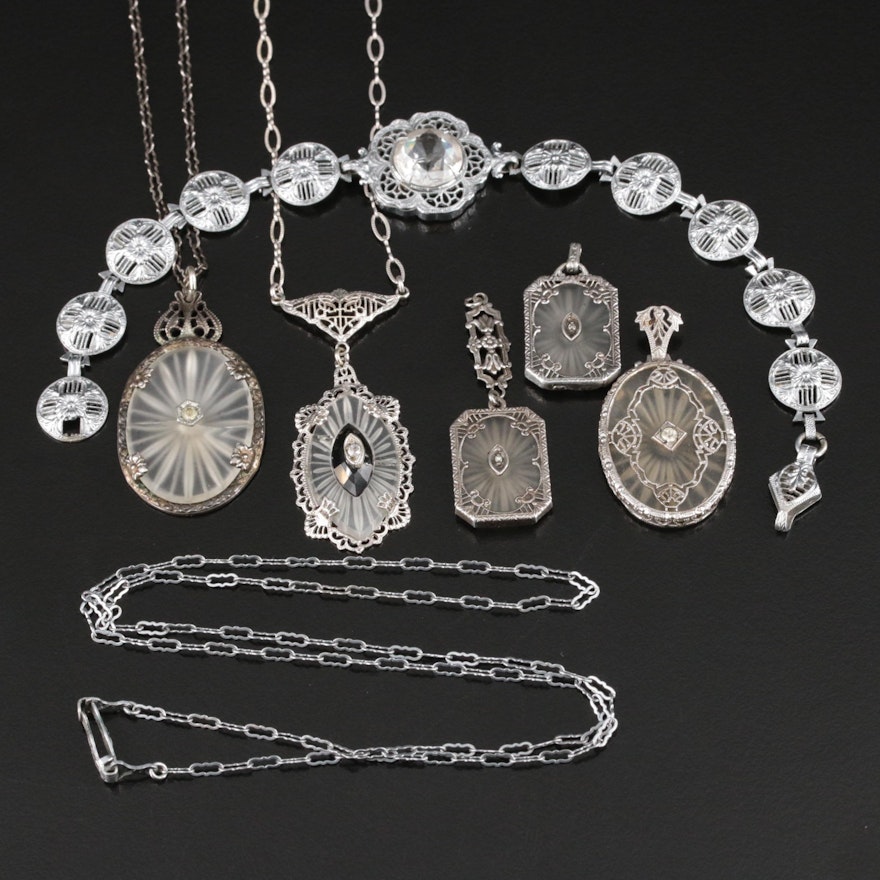 Vintage Diamond and Glass Jewelry Collection Including Sterling