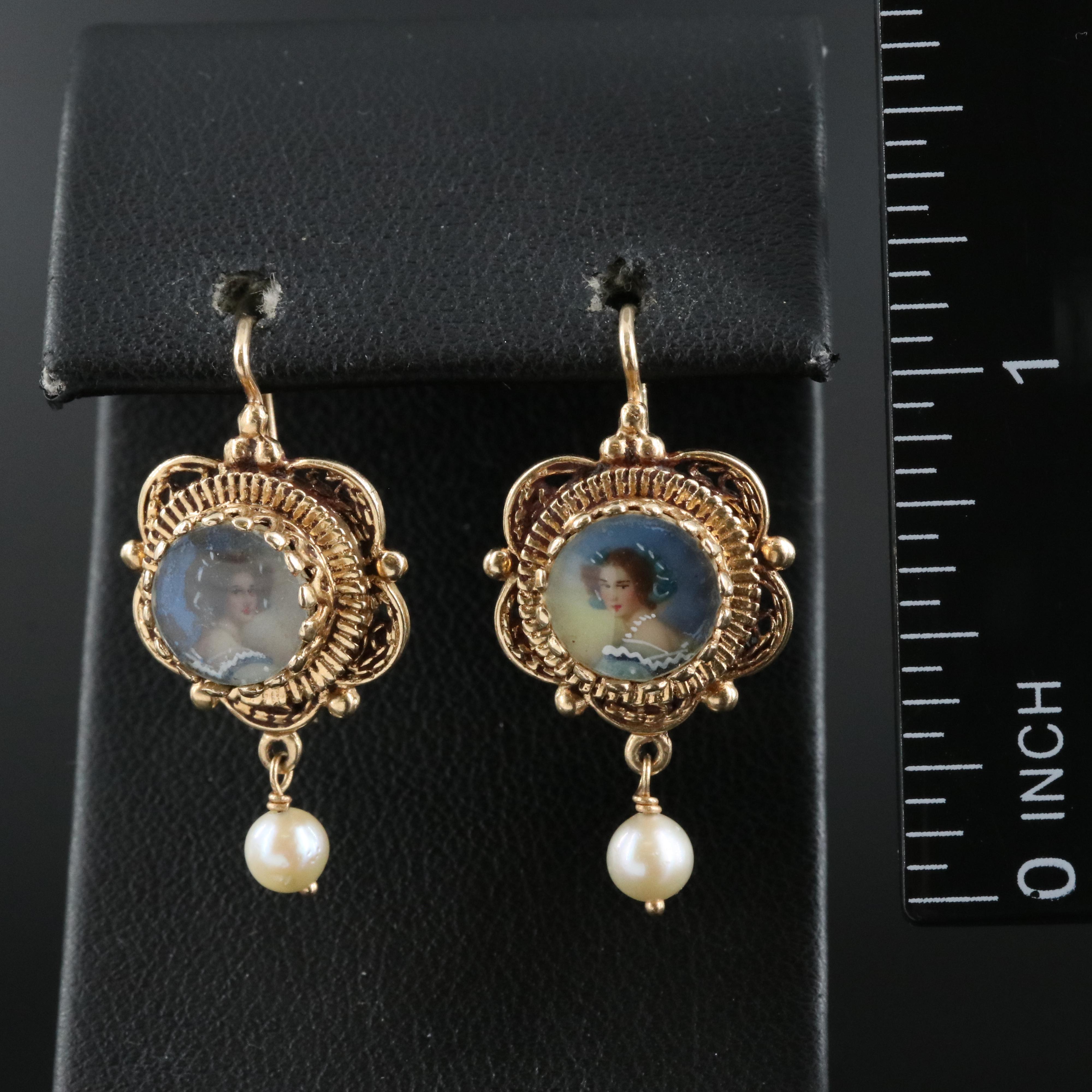 14K Glass Portrait and Pearl Earrings