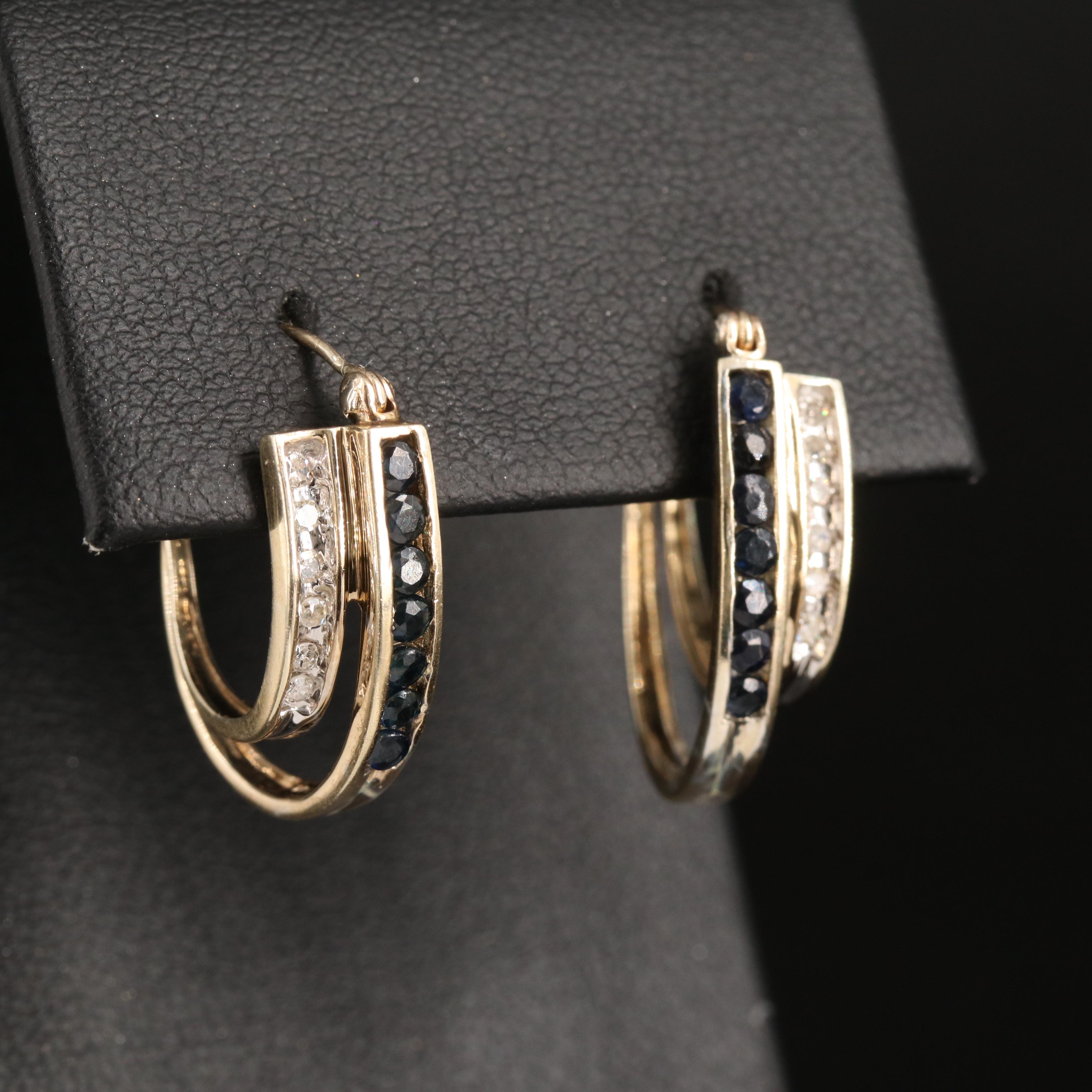 10K Diamond and Sapphire Double Hoop Earrings