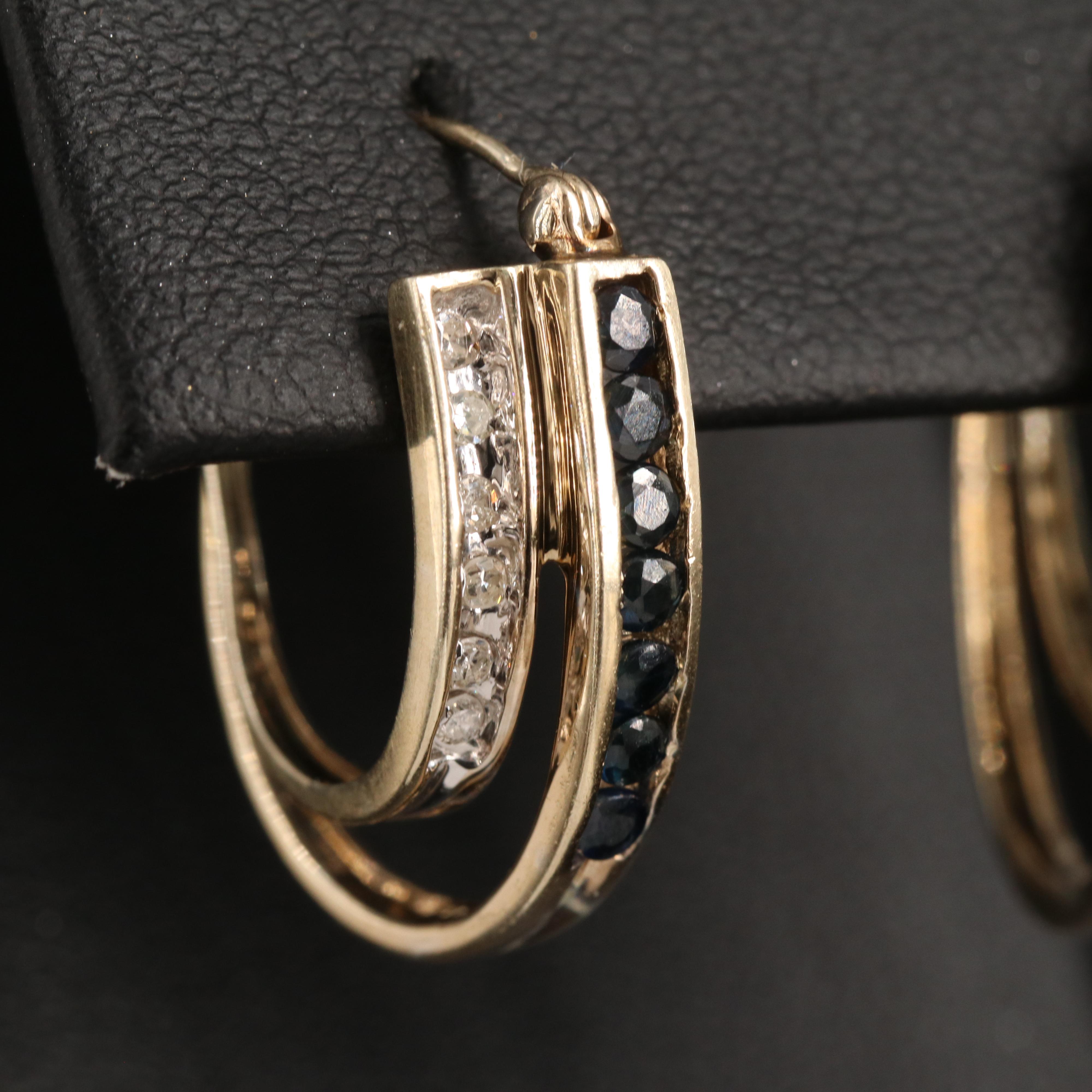 10K Diamond and Sapphire Double Hoop Earrings