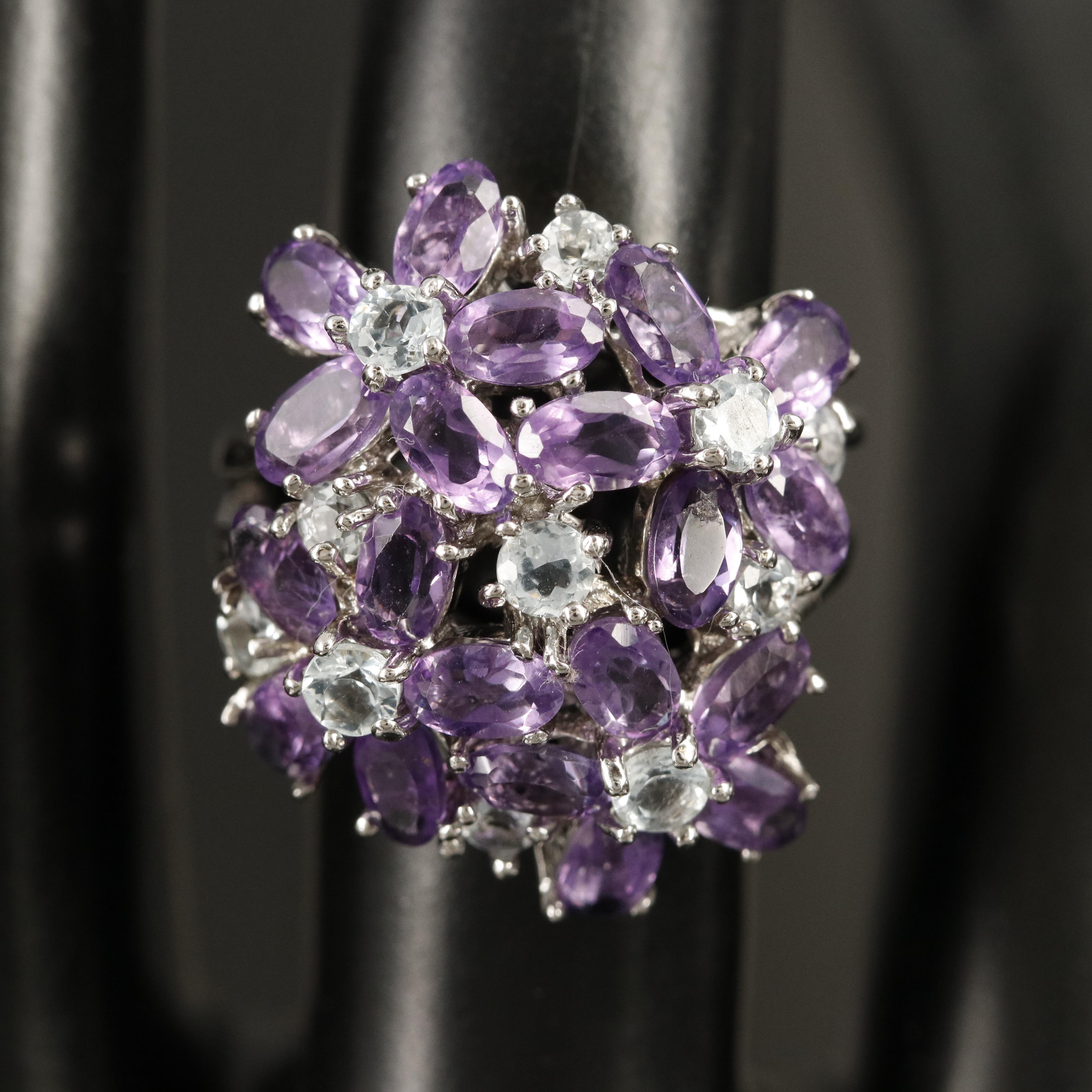 Sterling Amethyst and Aquamarine Floral Cluster Ring