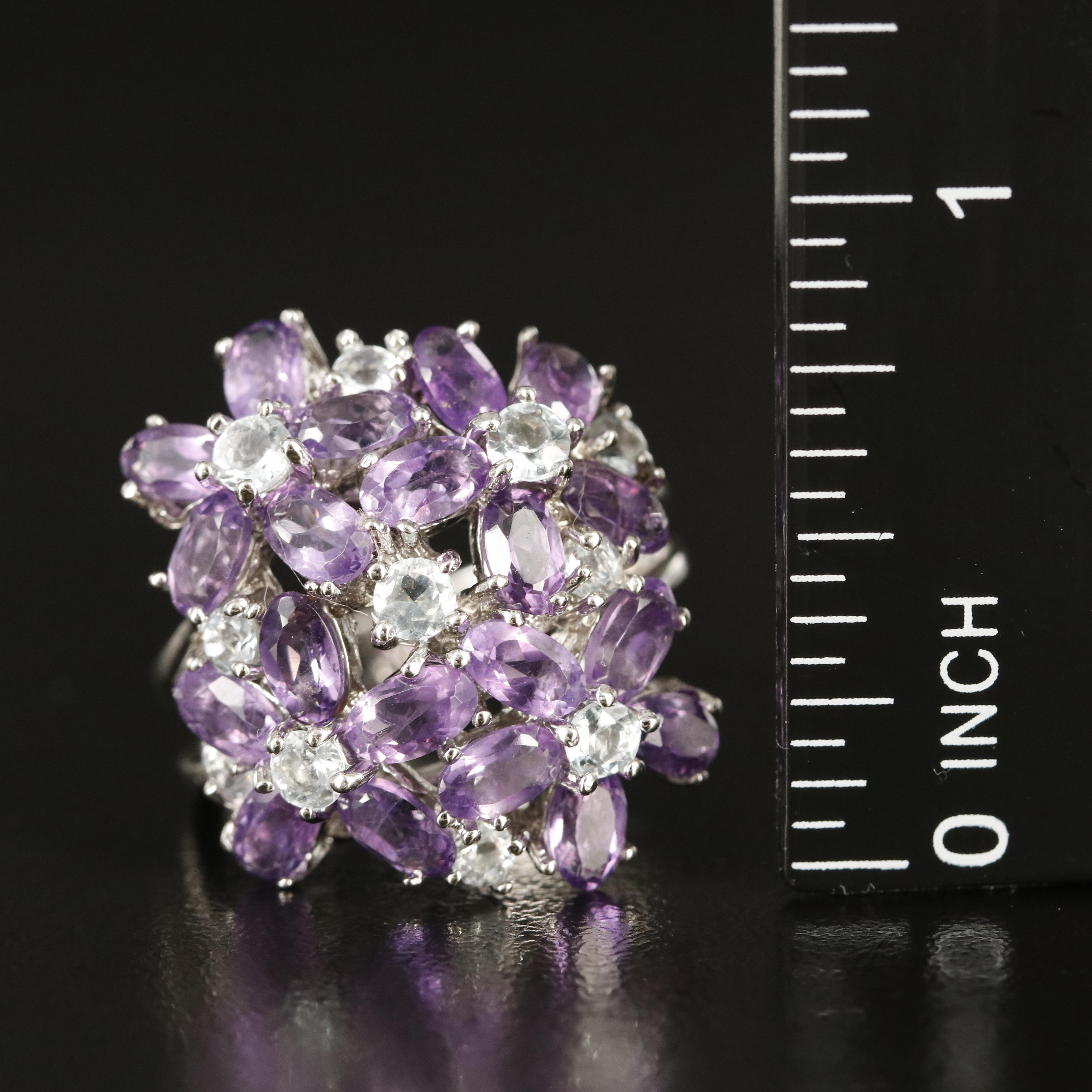 Sterling Amethyst and Aquamarine Floral Cluster Ring