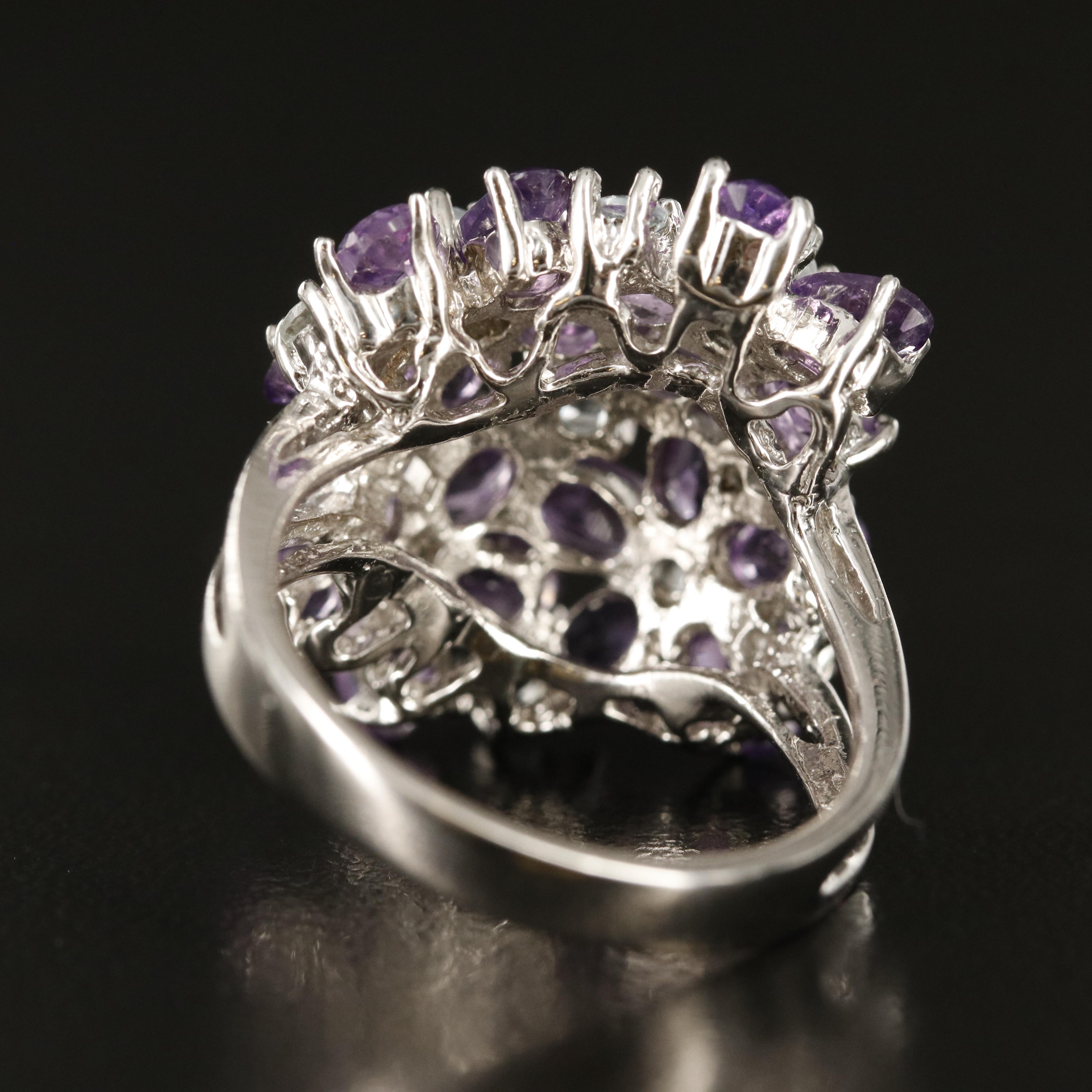 Sterling Amethyst and Aquamarine Floral Cluster Ring