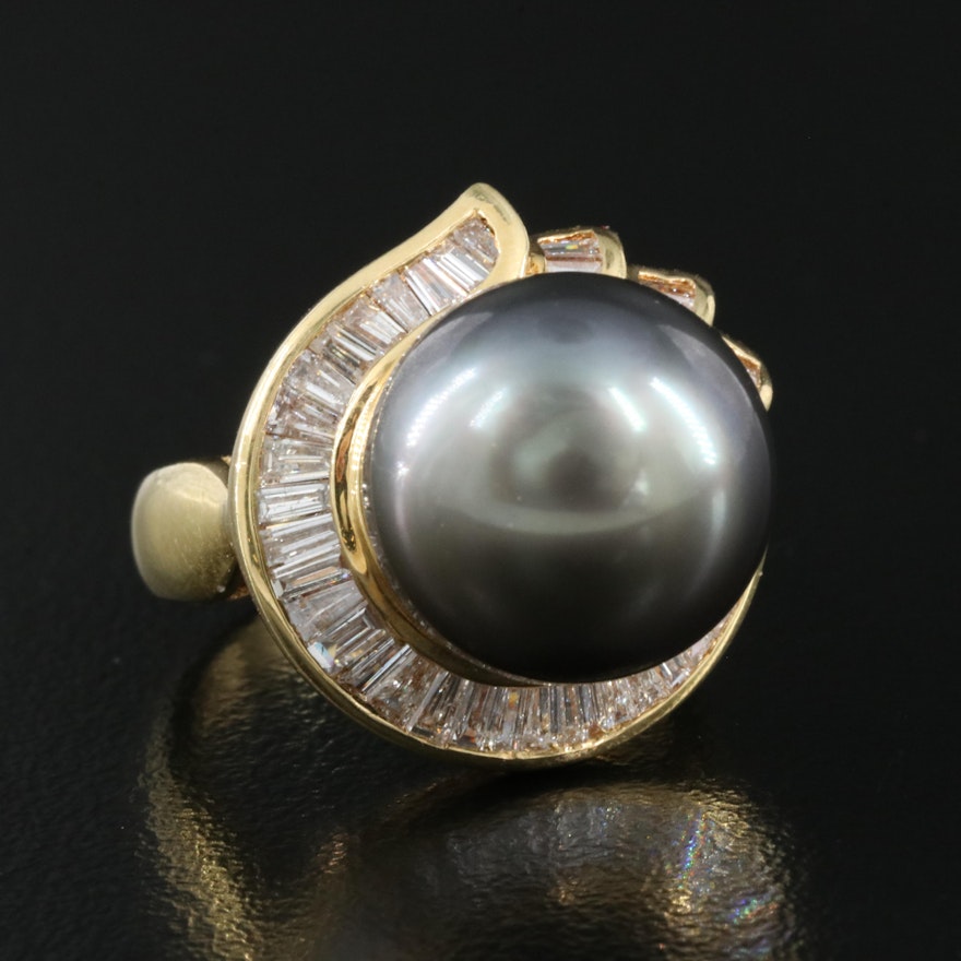 18K 12.80 mm Tahitian Pearl and Diamond Ring with GIA Report