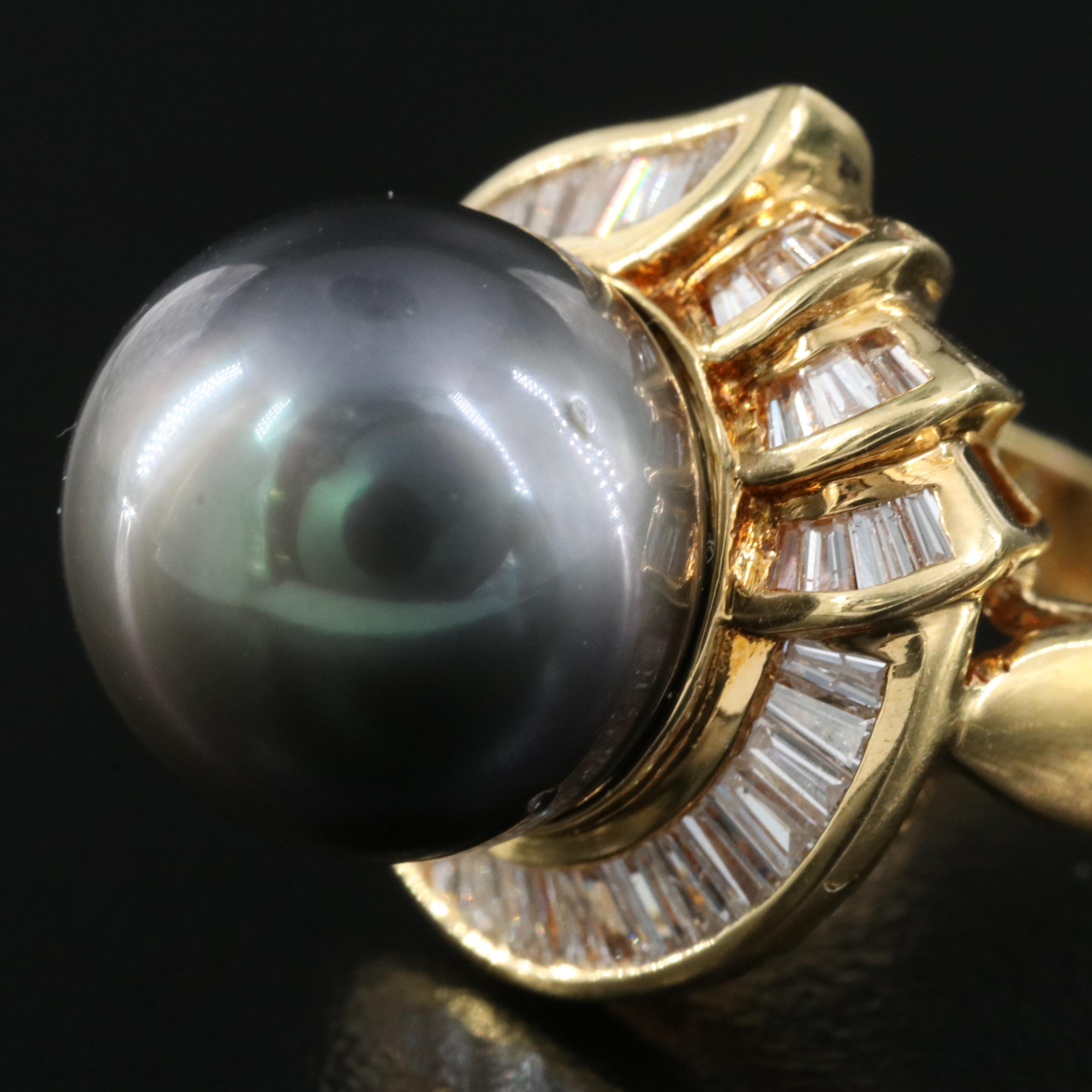 18K 12.80 mm Tahitian Pearl and Diamond Ring with GIA Report