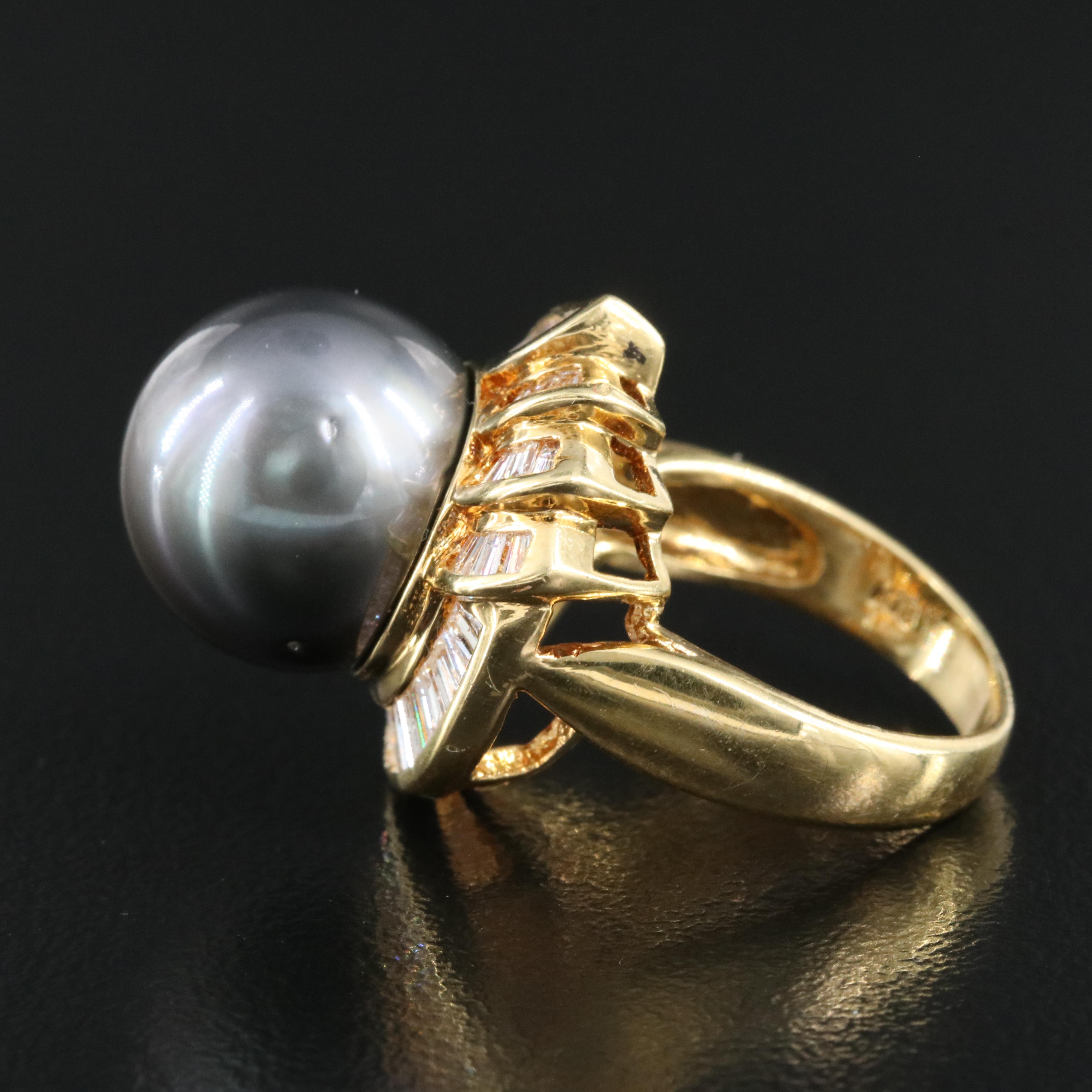 18K 12.80 mm Tahitian Pearl and Diamond Ring with GIA Report