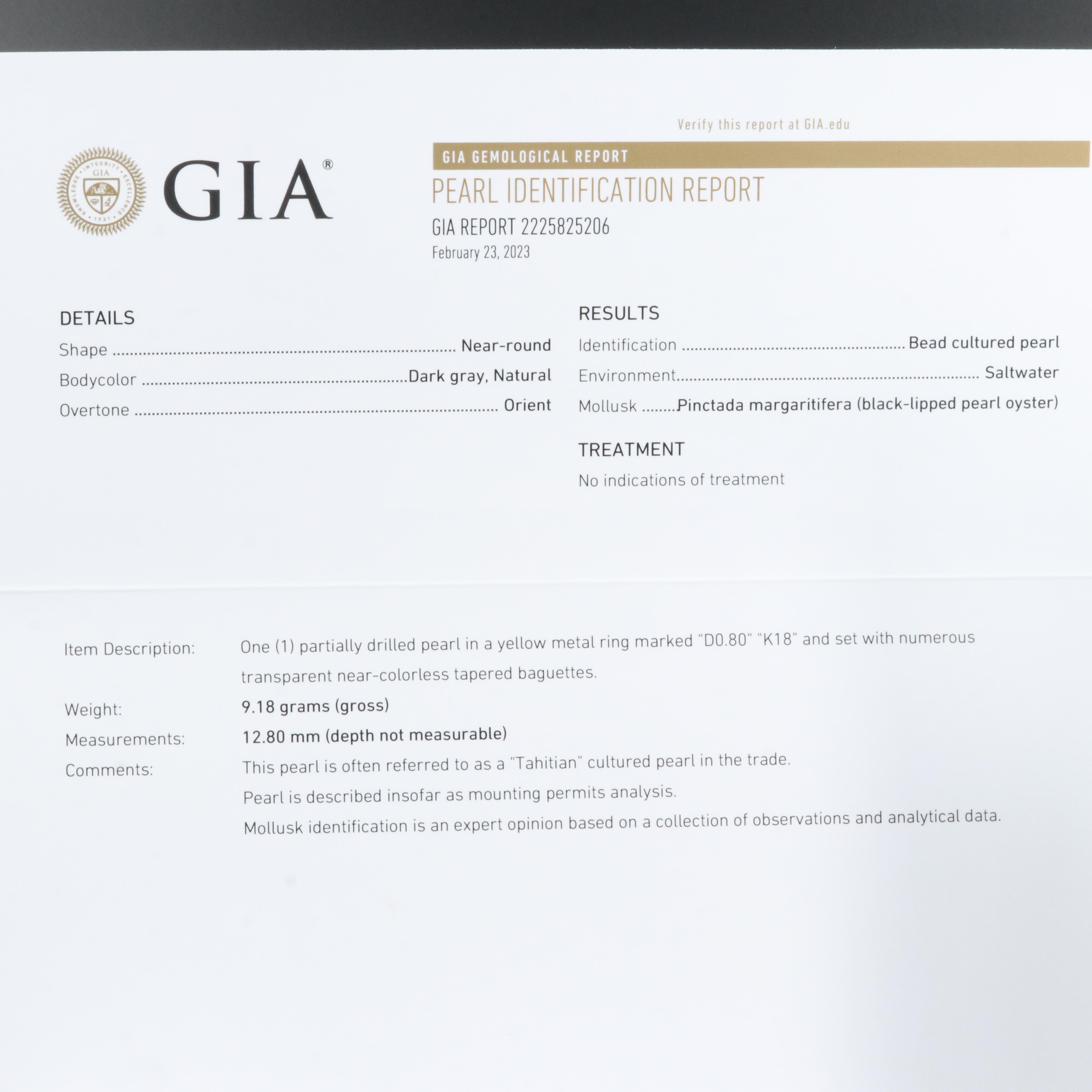 18K 12.80 mm Tahitian Pearl and Diamond Ring with GIA Report