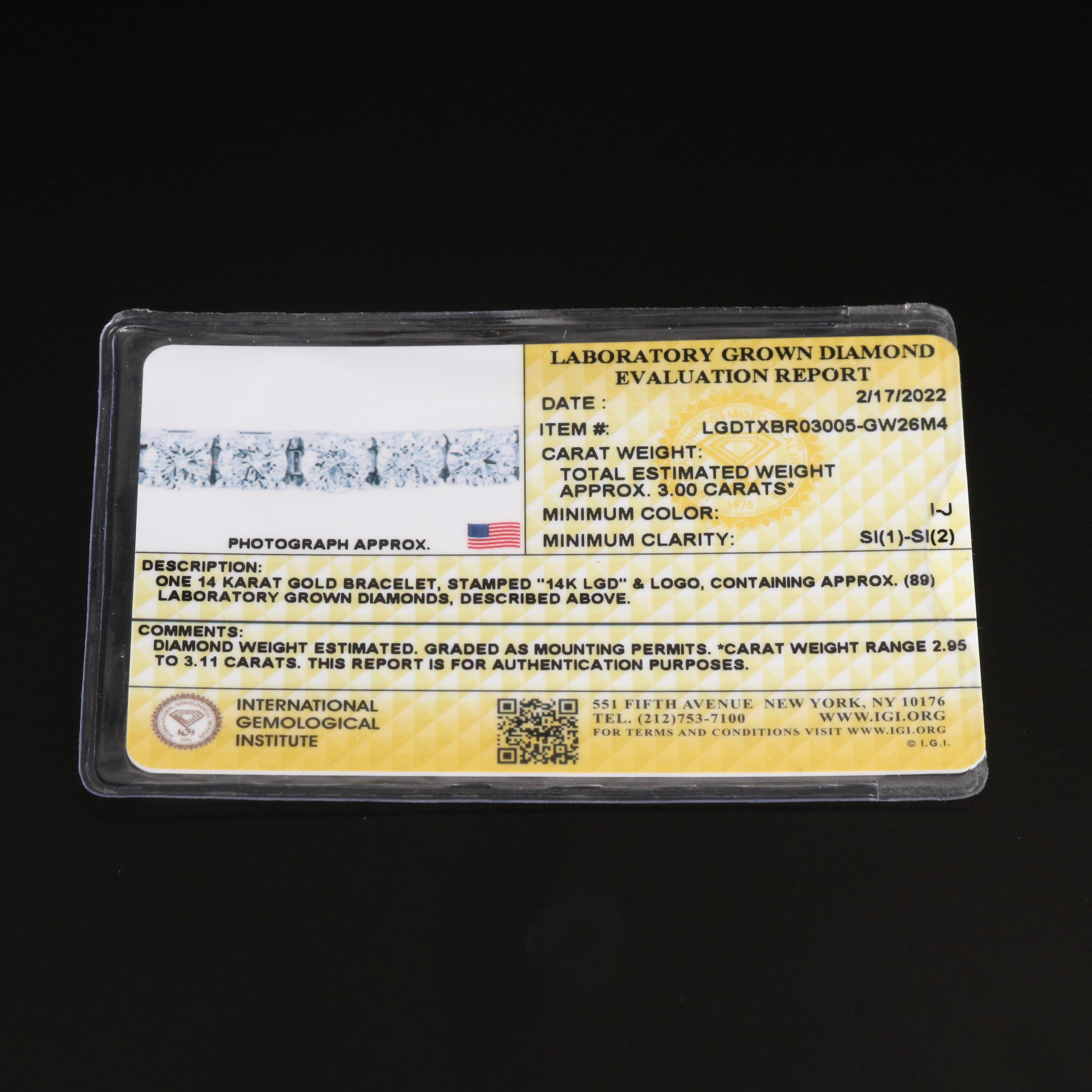 14K 3.00 CTW Lab Grown Diamond Line Bracelet with IGI Report