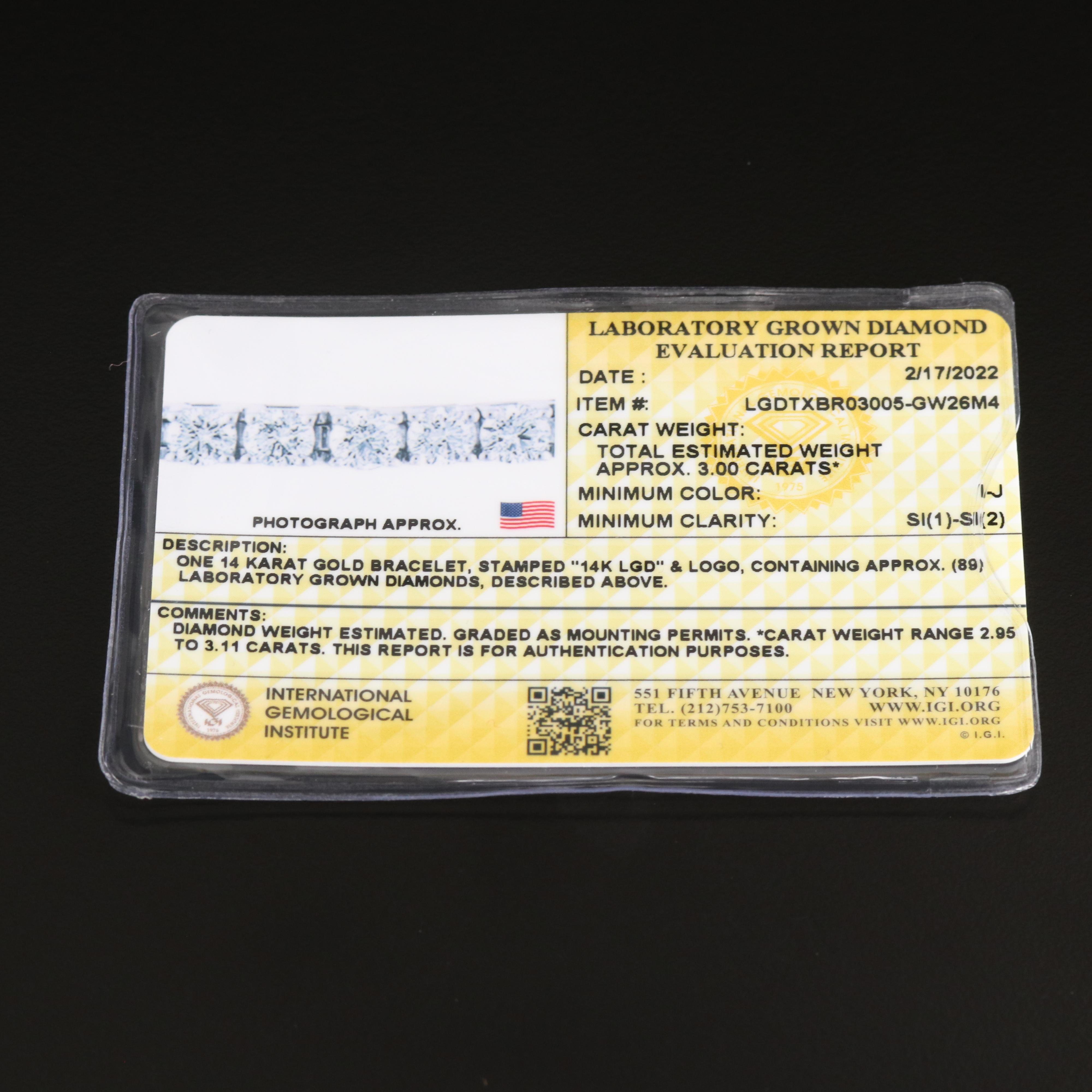 14K 3.00 CTW Lab Grown Diamond Line Bracelet with IGI Report