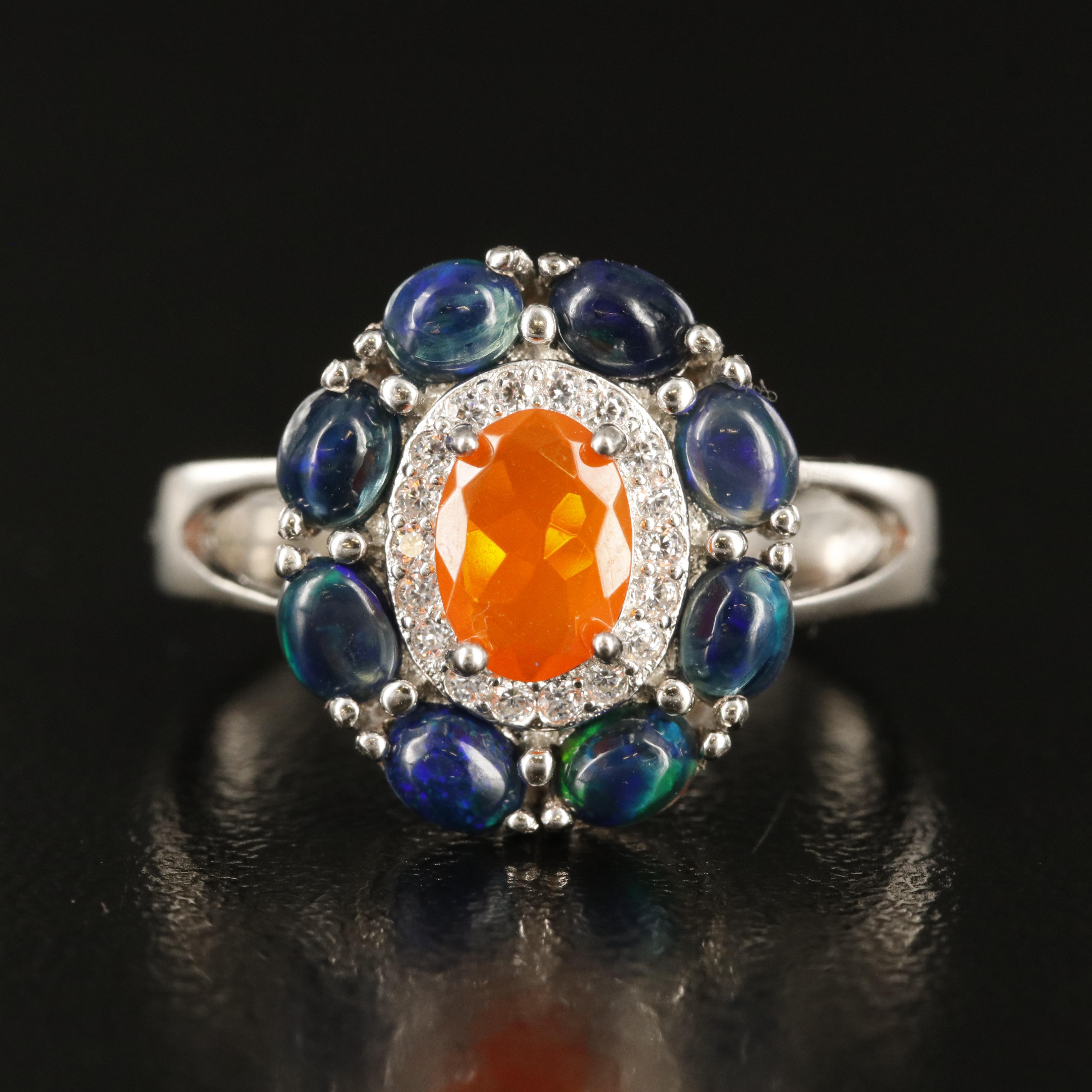 Sterling Fire Opal, Opal and Cubic Zirconia Ring
