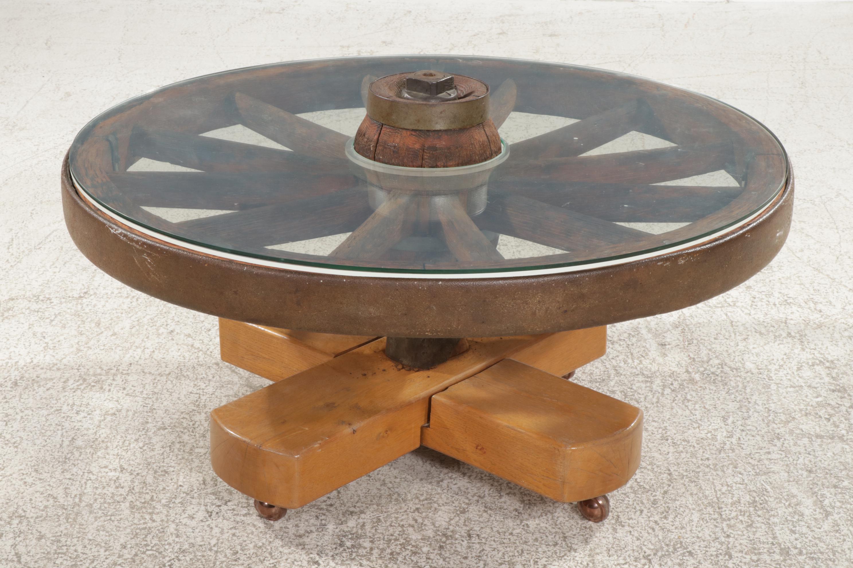 Wagon Wheel Cocktail Table with Two Southwestern Style Director's Chairs