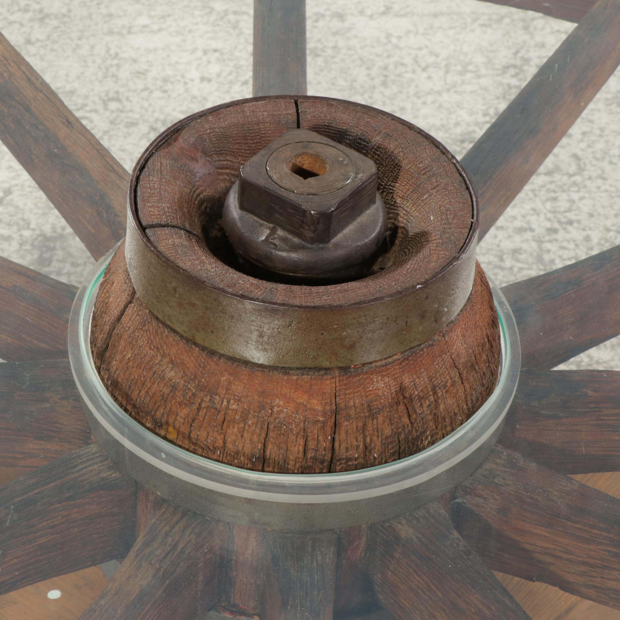 Wagon Wheel Cocktail Table with Two Southwestern Style Director's Chairs