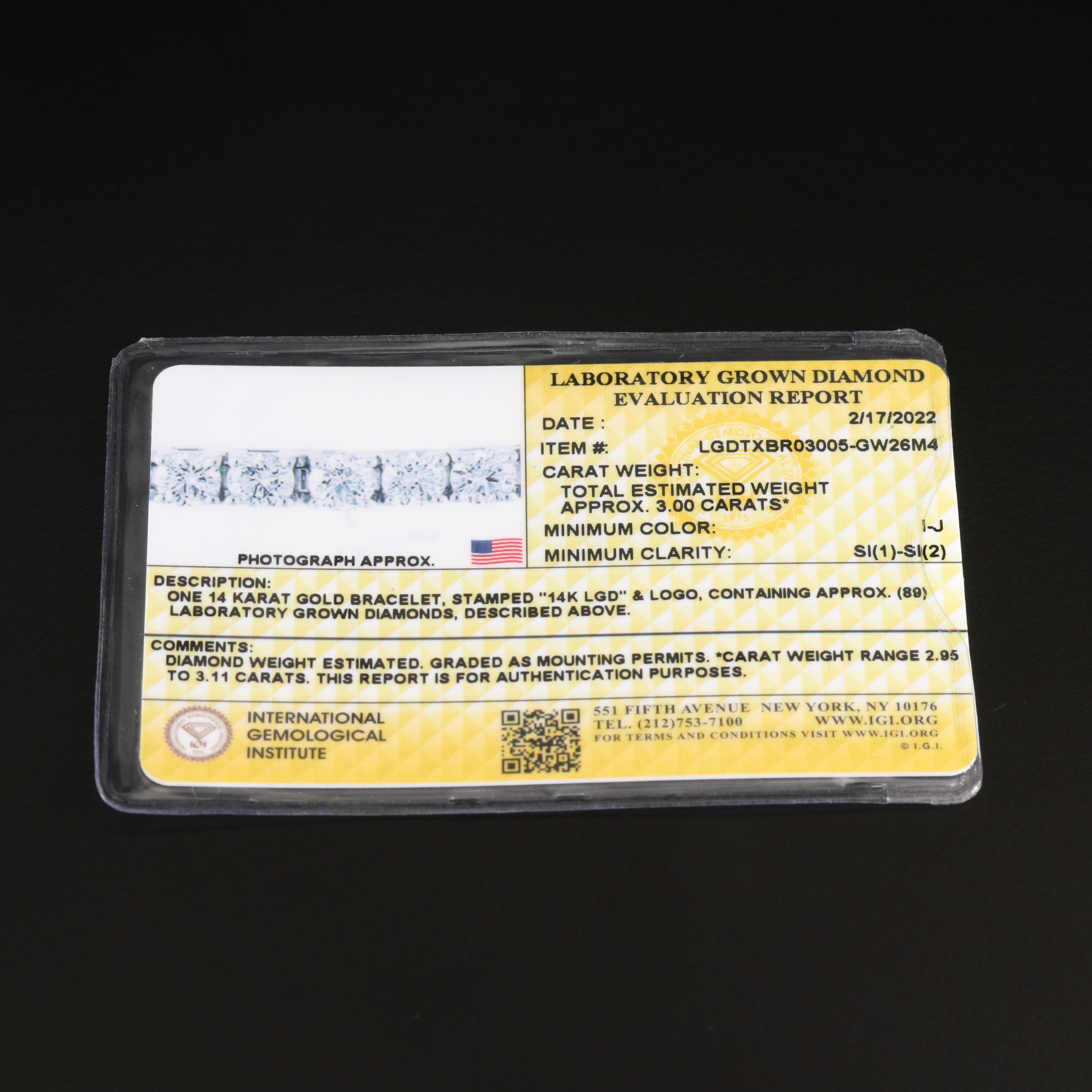 14K 3.00 CTW Lab Grown Diamond Line Bracelet with IGI Report