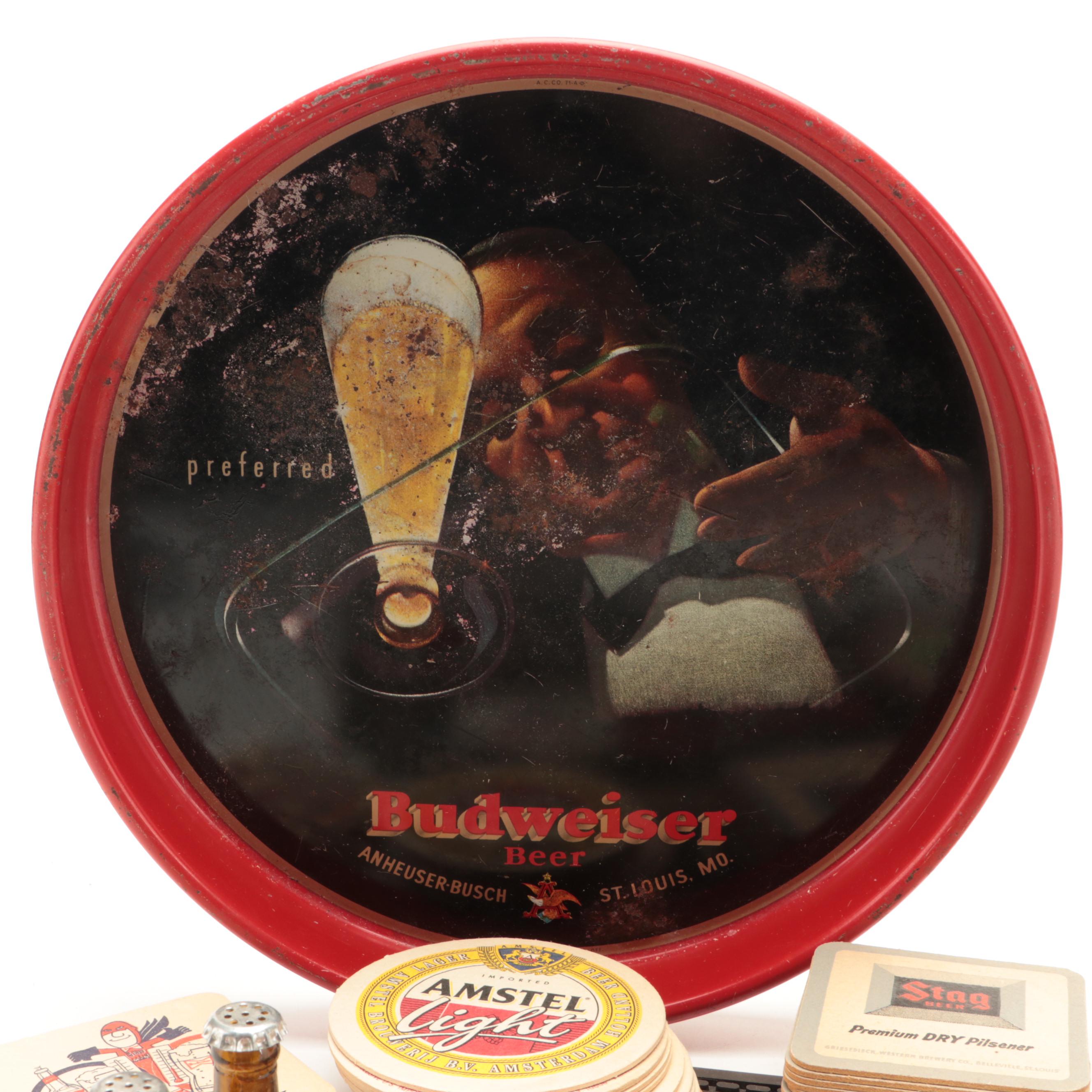 Budweiser Tray with Other Beer and Bar Accessories