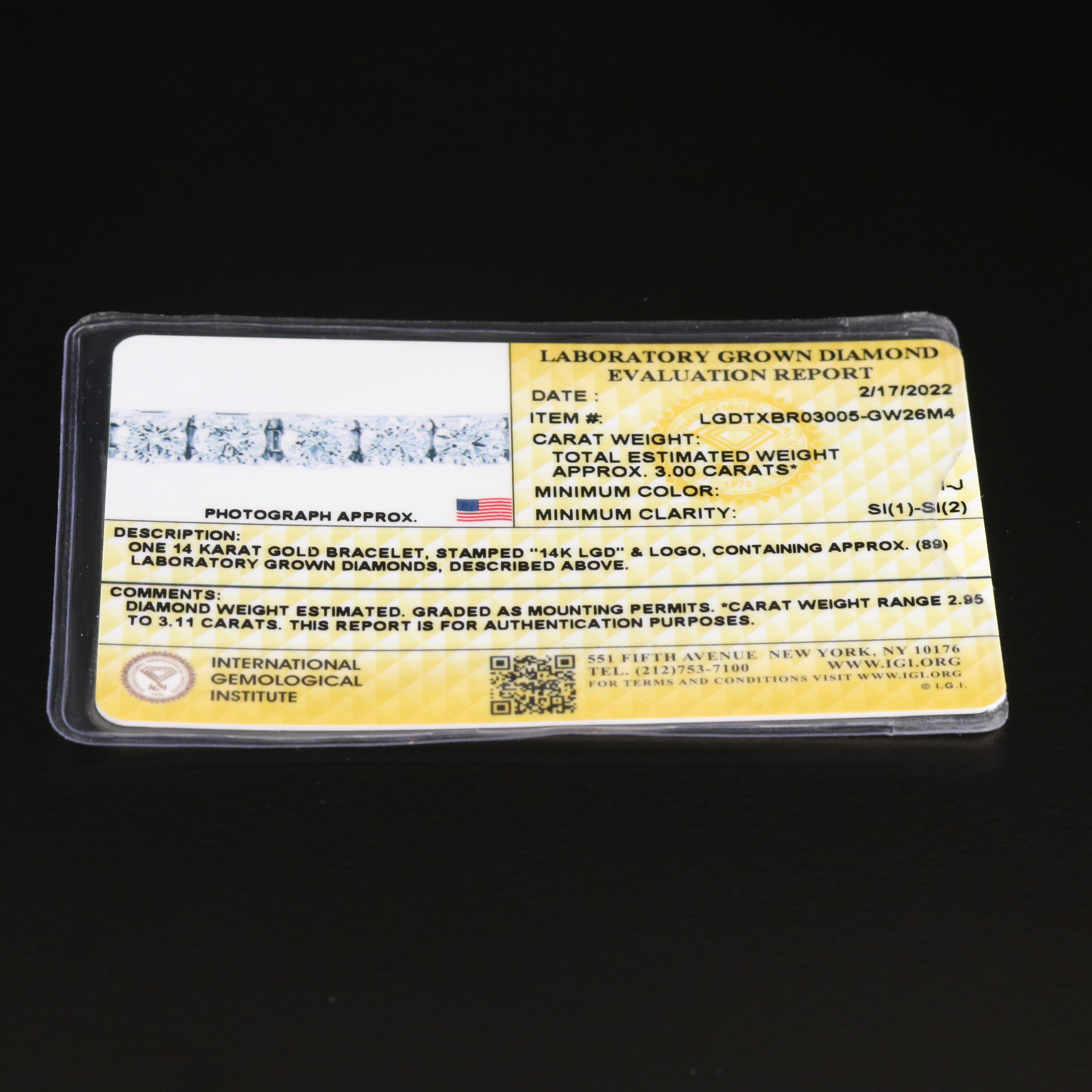 14K 3.00 CTW Lab Grown Diamond Line Bracelet with IGI Report