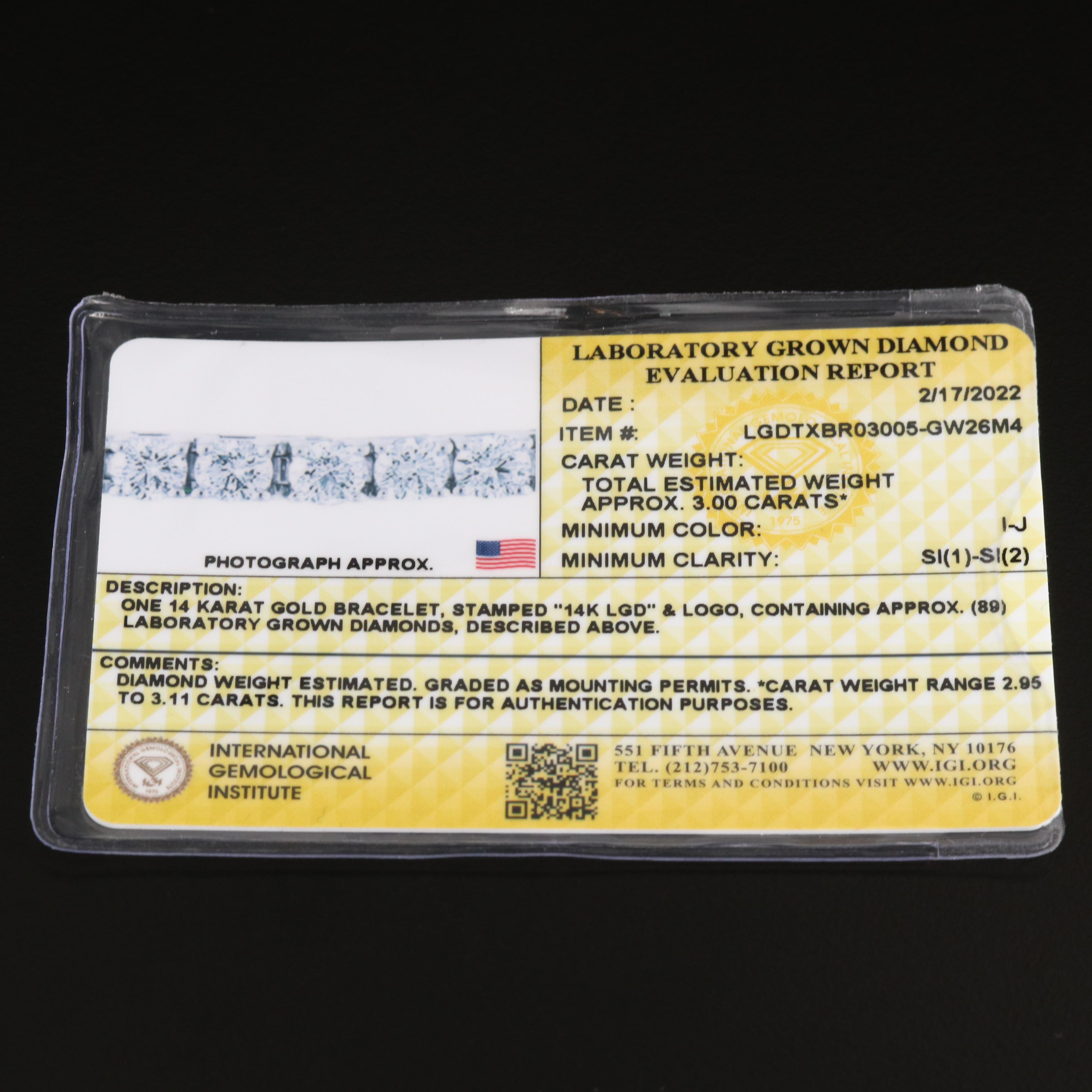 14K 3.00 CTW Lab Grown Diamond Line Bracelet with IGI Report