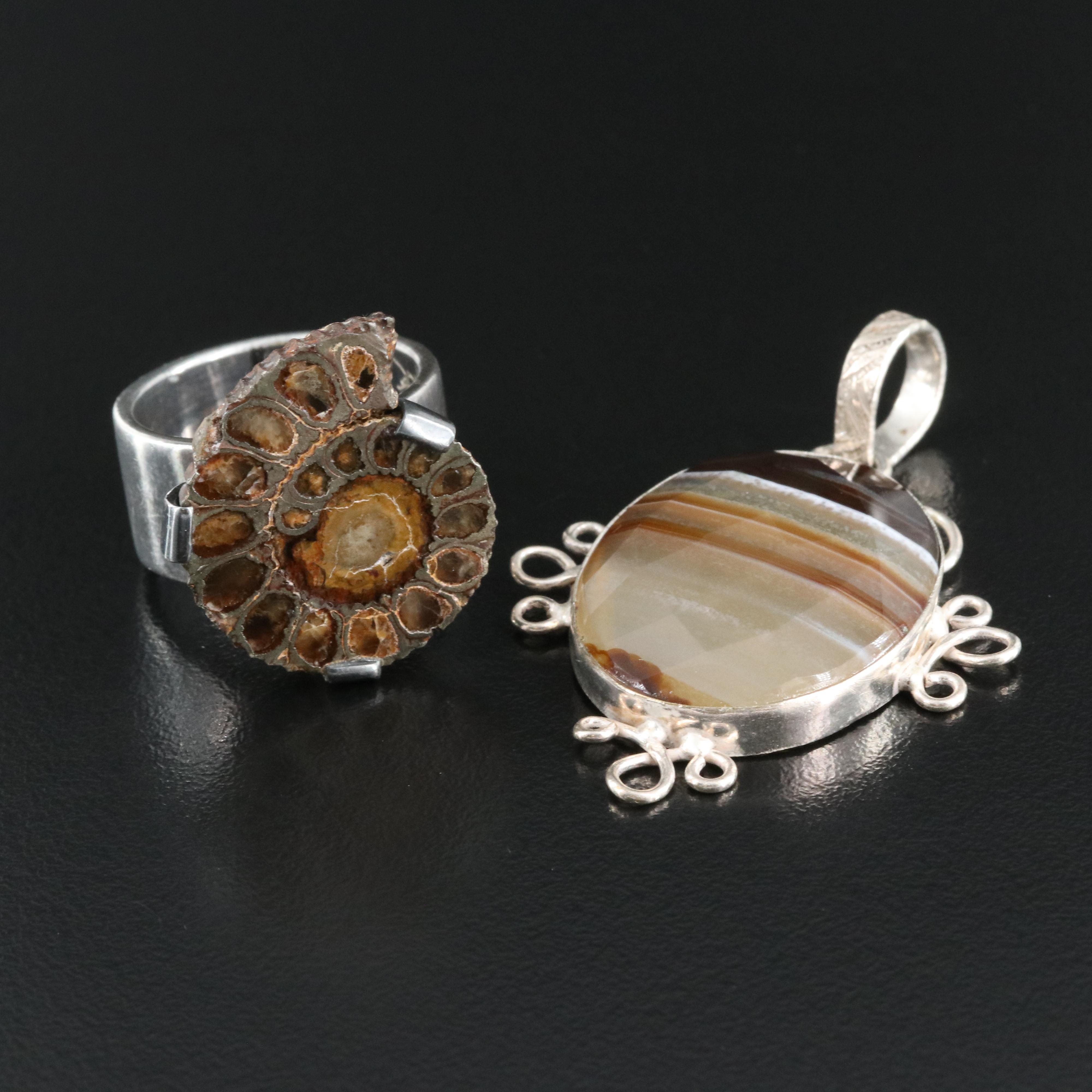 Sterling Ring and Pendant Including Agate and Ammonite